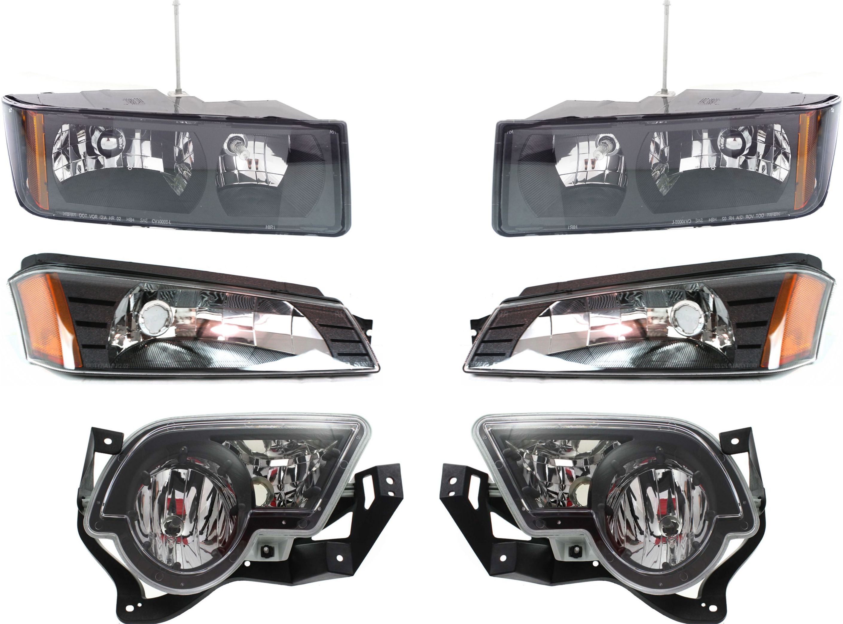AM AVALANCHE 1500-2500-02-06 HEAD LAMP RH AND LH Assembly Halogen 6 pc Kit with Fog Lights and Turn Signal Lights SKU KIT 11316-19 Partslink GM2503219 GM2502219 GM2592141 GM2593141 GM2520184 GM2521184 OEM 15136537-15136536-15040361-150