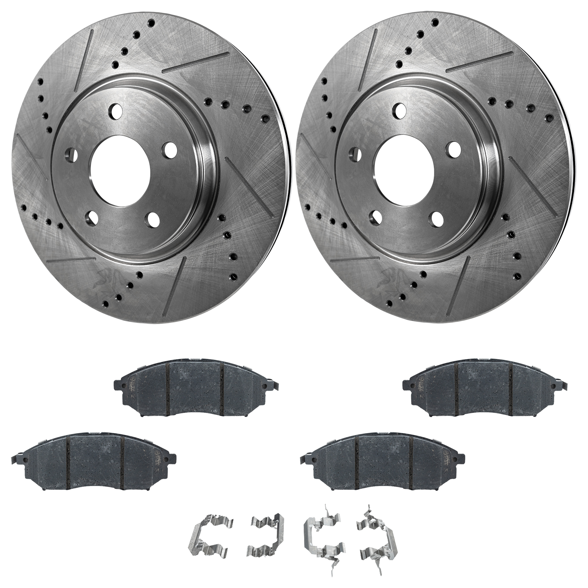 AM 370Z 09-20 G35-05-08 FRONT BRAKE DISC AND PAD KIT 4 pc Kit Cross drilled and Slotted SKU KIT 120122-11 OEM 41060AR090-41060AT30J 41060EG0