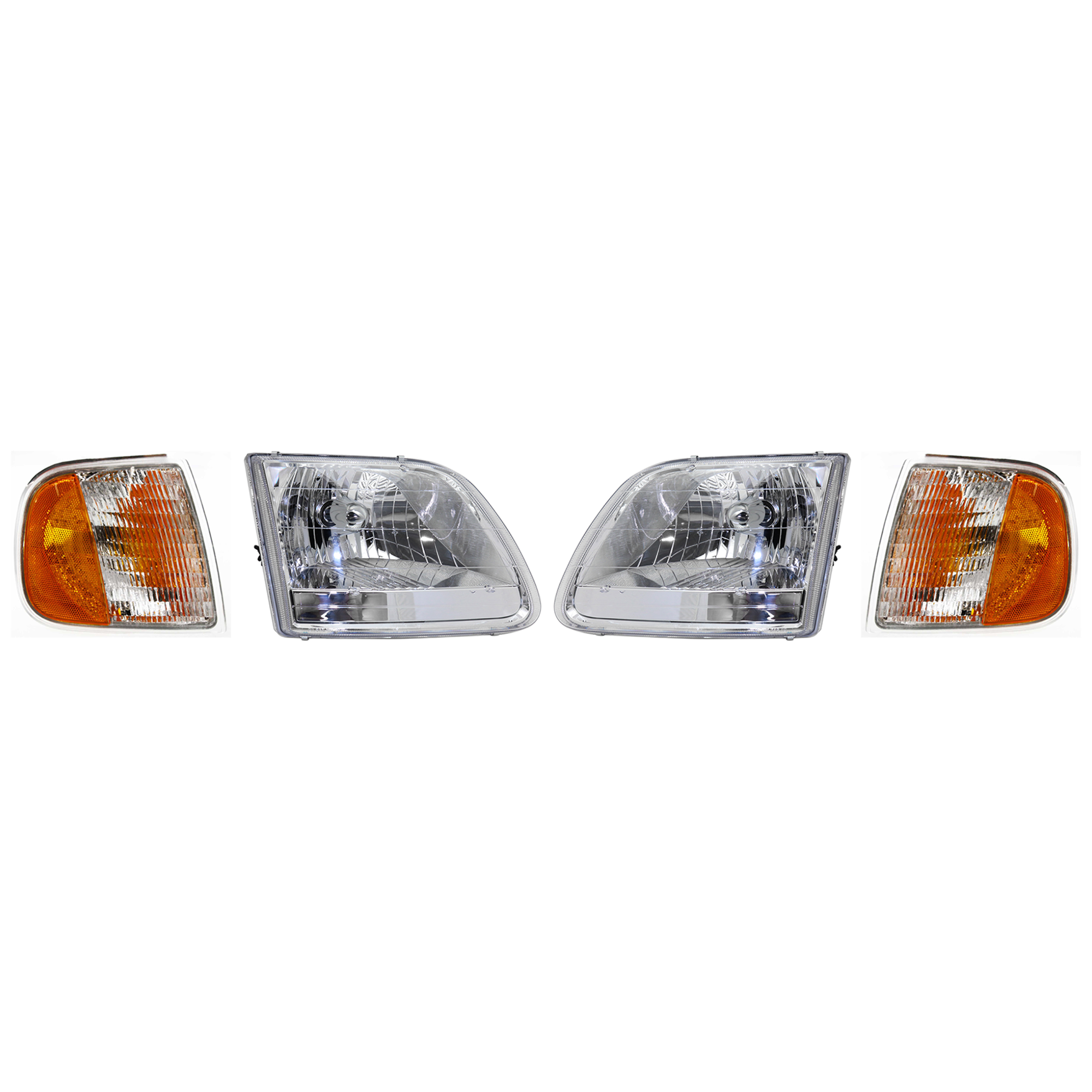 AM F 150-01-03 HEAD LAMP RH AND LH Assembly Halogen 4 pc Kit with Corner Lights SKU KIT 120317-20 Partslink FO2503211 FO2502211 FO2550118 FO2551118 OEM 3L3Z13008GA 3L3Z13008HA F75Z13
