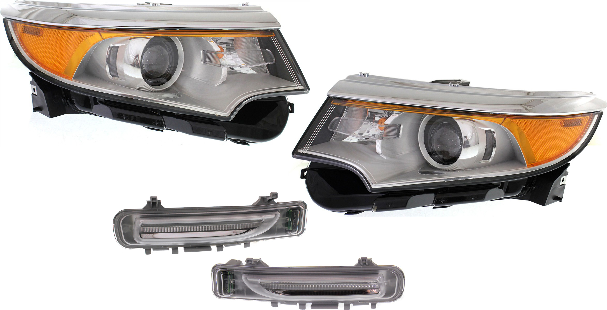 AM EDGE 11-14 HEAD LAMP RH AND LH with Bulbs 4 pc Kit with Parking Lights SKU KIT 120618-11 Partslink FO2503291 FO2502291 FO2520186 FO2521186 OEM BT4Z13008A BT4Z13008B BT4Z1320