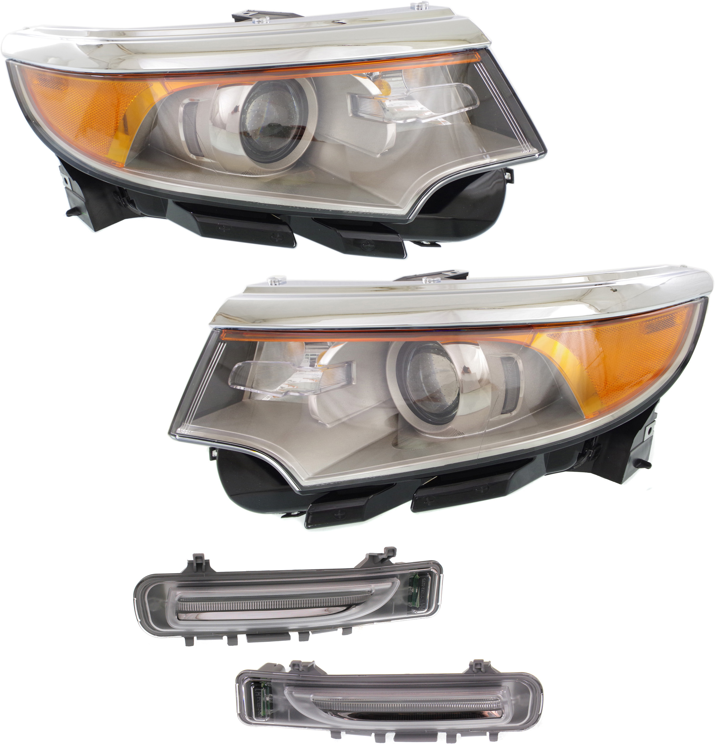 AM EDGE 11-14 HEAD LAMP RH AND LH with Bulbs 4 pc Kit with Parking Lights SKU KIT 120618-30 Partslink FO2503292 FO2502292 FO2520186 FO2521186 OEM BT4Z13008G BT4Z13008H BT4Z1320