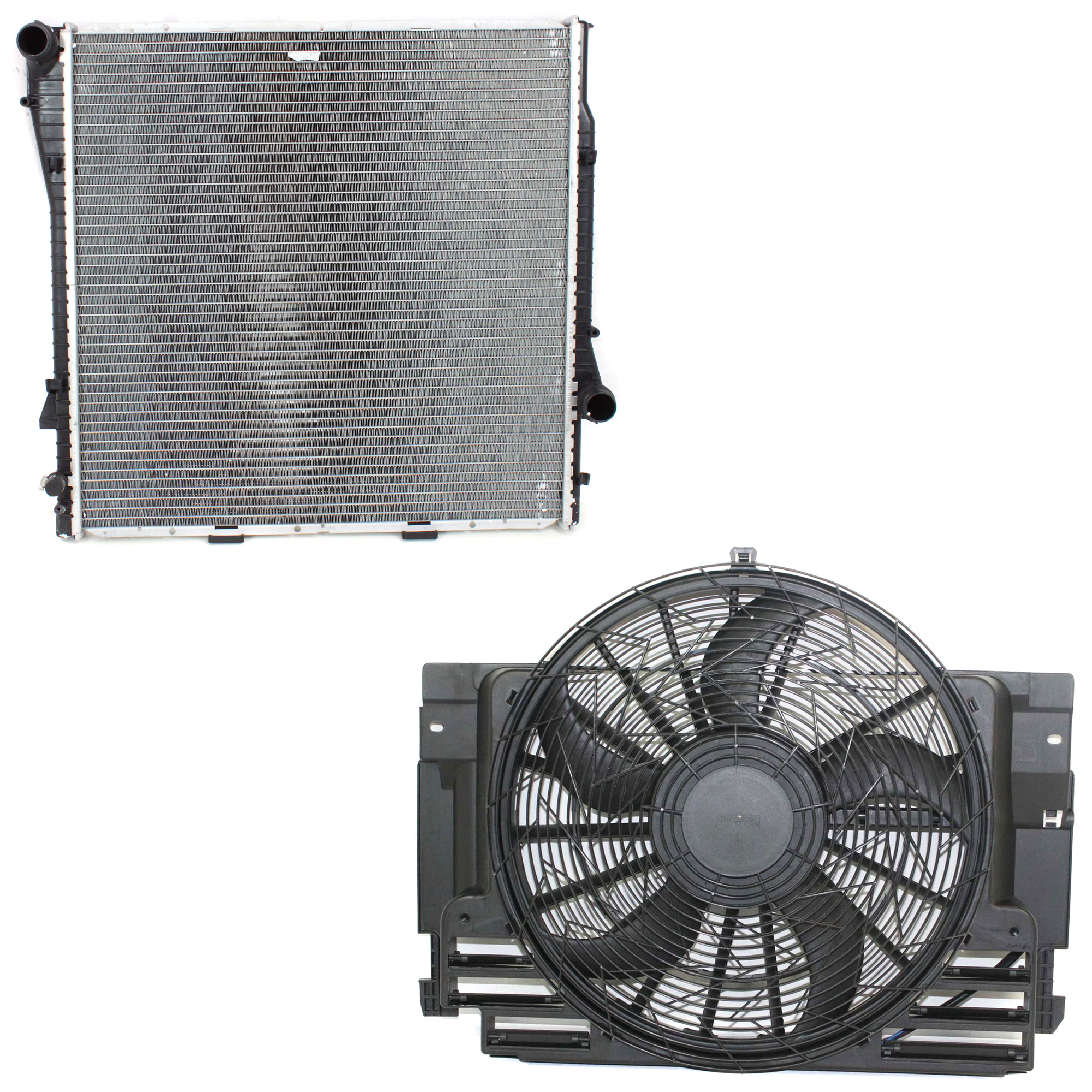 AM X5-00-06 RADIATOR 2 pc kit 8 Cyl. 4.4L 4.6L 4.8L Eng. w Cooling Fan Assembly SKU KIT 120622-03 Partslink BM3020102 BM3010121 OEM 64546921381-17101439101