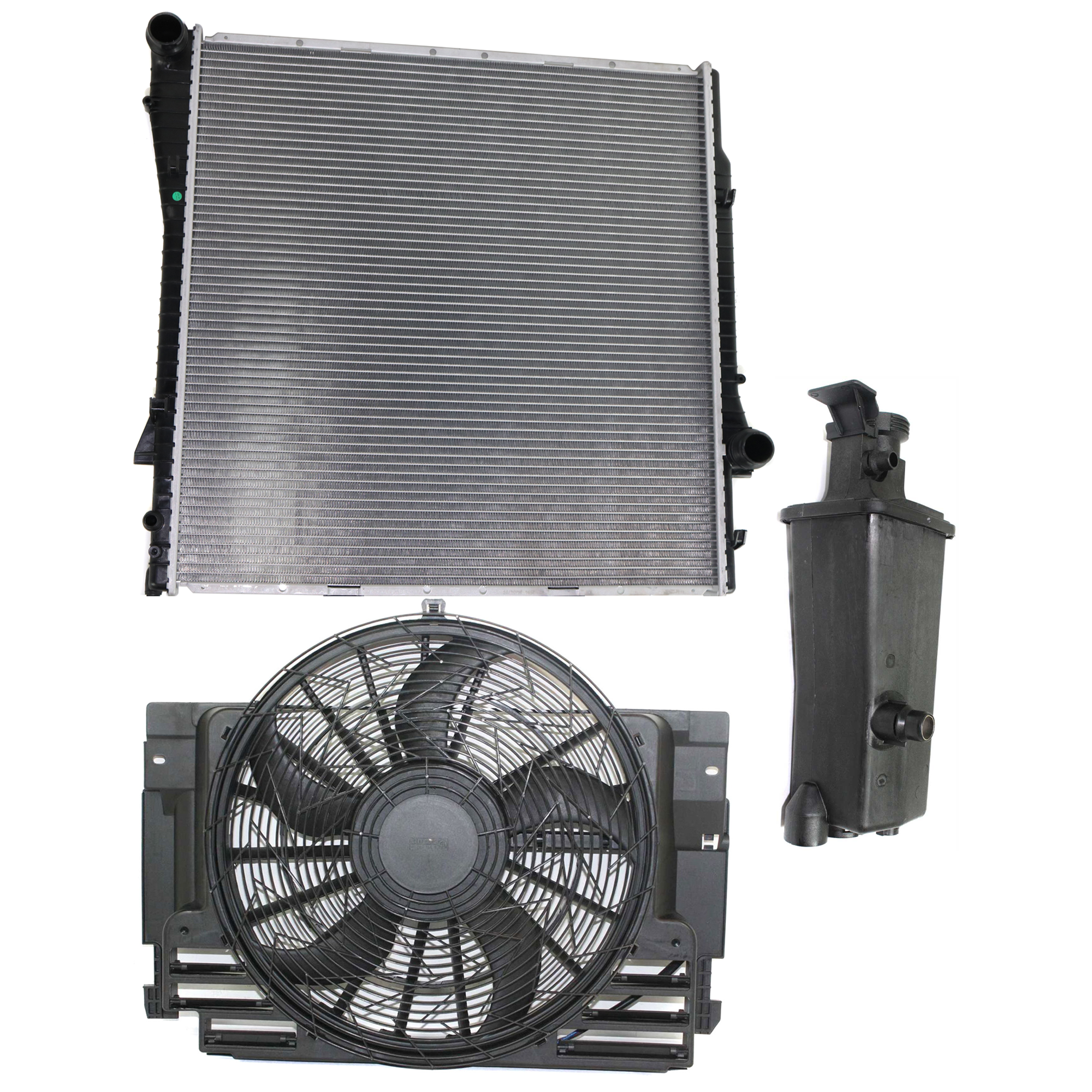 AM X5-01-06 RADIATOR 3 pc Kit 6 Cyl. 3.0L Eng. w Coolant Reservoir and Cooling Fan Assembly SKU KIT 120622-04 Partslink BM3010120 BM3014102 BM3020102 OEM 17107544668-17117573781-645469