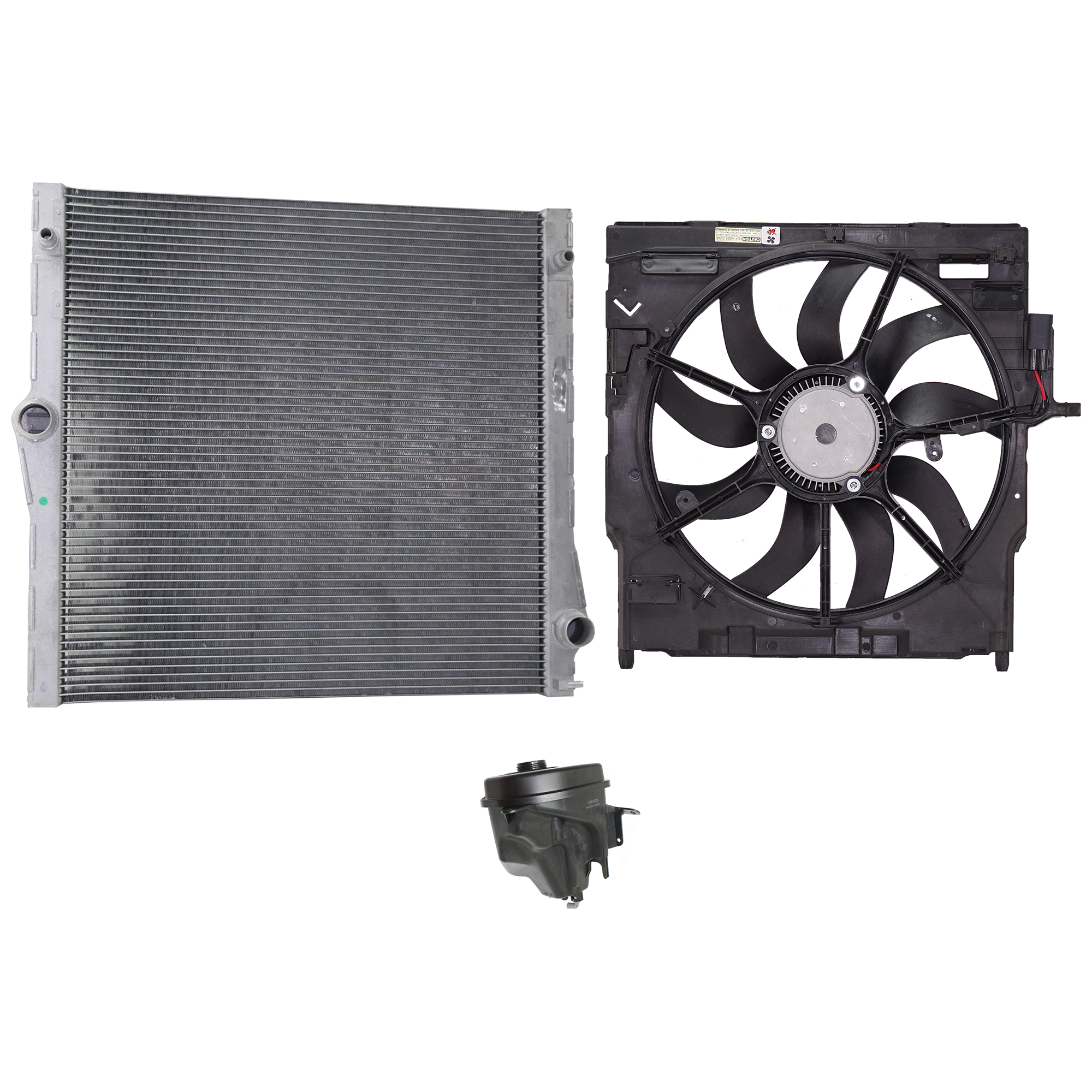 AM X5-09-10 RADIATOR AND FAN KIT 3 pc kit 6 Cyl 3.0L with Coolant Tank SKU KIT 120622-05 Partslink BM3115124 BM3010171 OEM 17428618242-17137647290-171175