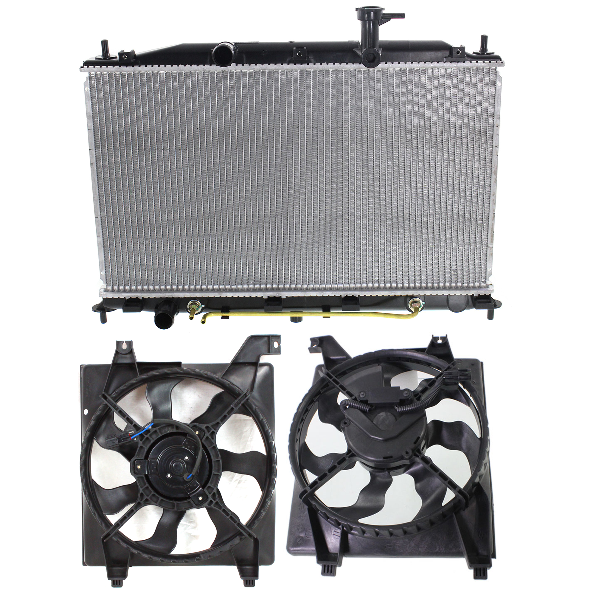 AM ACCENT 06-11 RADIATOR AND FAN KIT 3 pc kit 4 Cyl 1.6L with Right and Left side fans SKU KIT 120622-102 Partslink HY3010159 HY3120100 HY3115122 OEM 253101E151-977301E000-253801E1