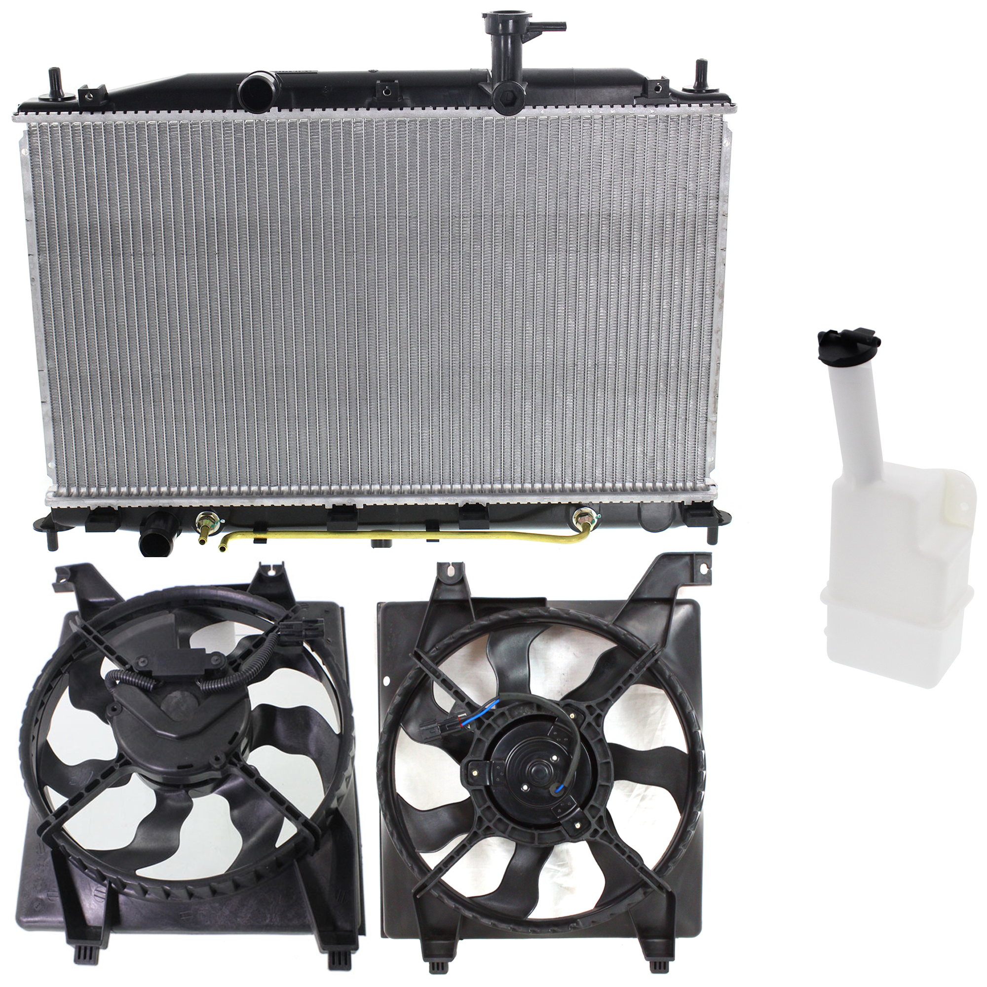 AM ACCENT 09-11 COOLING FAN ASSEMBLY 4 pc kit with Radiator and Coolant Reservoir SKU KIT 120622-103 Partslink HY3115122 HY3120100 HY3014109 HY3010159 OEM 253801E100-977301E000-254311E5