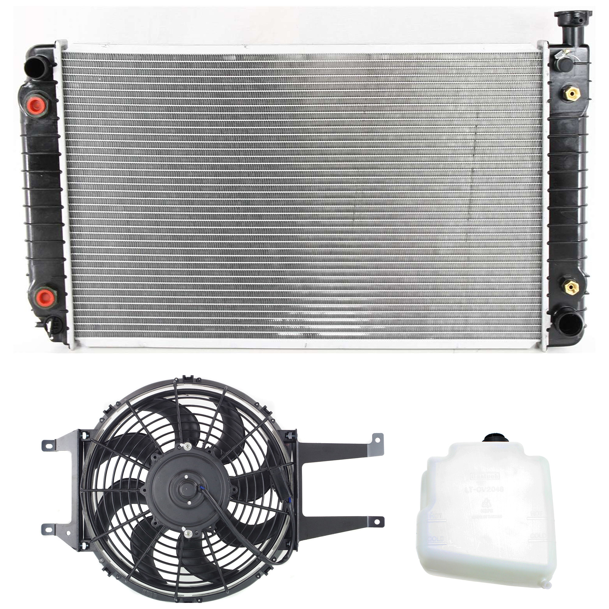 AM C K FULL SIZE P U 88-95 RADIATOR AND FAN KIT 3 pc kit 6 Cyl 4.3L 8 Cyl 5.0L 5.7L w Coolant Tank SKU KIT 120622-107 Partslink GM3113114 GM3014136 GM3010234 OEM 157-174-231-565-037-000-000-000