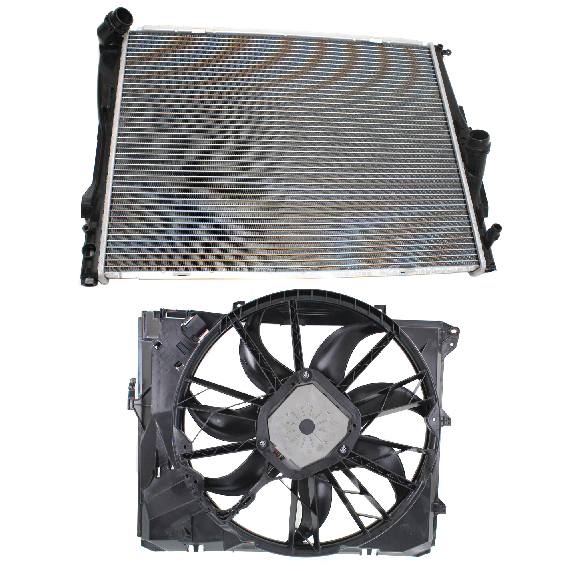 AM 3 SERIES 06-13 RADIATOR FAN ASSEMBLY 6 Cyl 3.0L Eng. 2 pc kit with Cooling Fan Assembly and Radiator SKU KIT 120622-10 Partslink BM3000148 BM3117101 OEM 17117559273-17427562080