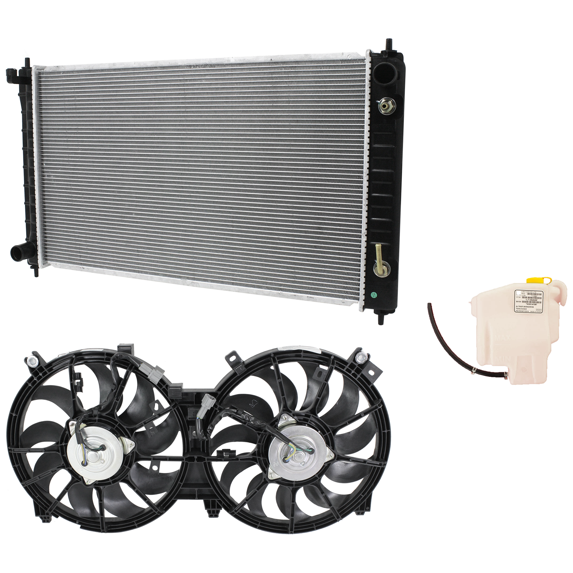 AM MAXIMA 09-14 RADIATOR AND FAN KIT 3 pc kit 6 Cyl 3.5L Engine w Coolant Tank SKU KIT 120622-112 Partslink NI3115139 NI3014106 NI3010210 OEM 21481ZY70A 21710ZN50A 21460ZN5