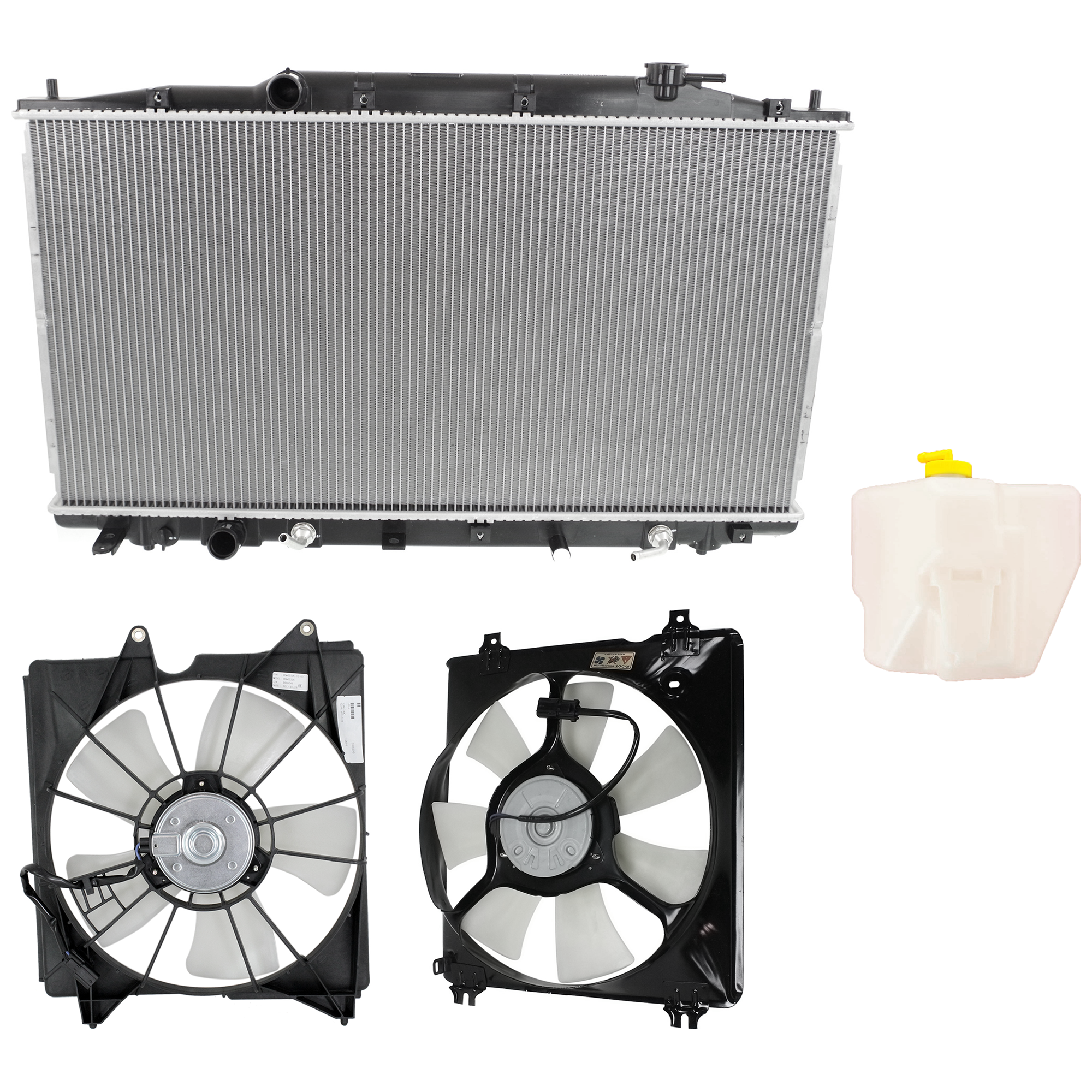 AM ACCORD 08-09 RADIATOR AND A C CONDENSER FAN ASSEMBLY RH AND LH 4 pc Kit Single Fan Coupe 6 Cyl w Coolant Reservoir and Radiator SKU KIT 120622-114 Partslink HO3113127 HO3115148 HO3014116 HO3010216 AC3010152 OEM 19030R77T01 PFM 19030R70A01 PF