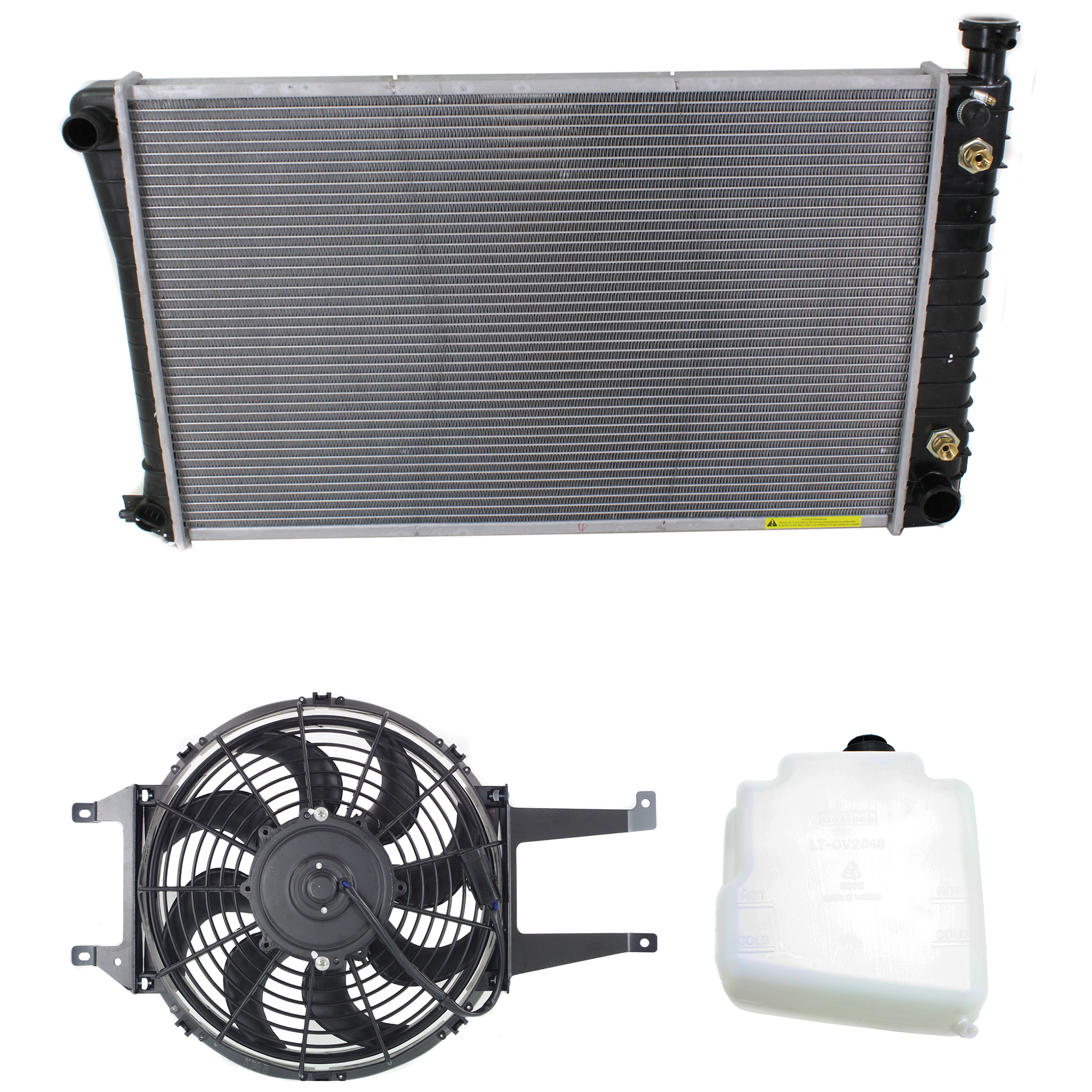 AM C K FULL SIZE P U 88-98 RADIATOR AND FAN KIT 3 pc kit 8 Cyl 5.7L 5.0L 6 Cyl 4.3L w Coolant Tank SKU KIT 120622-118 Partslink GM3010257 GM3014136 GM3113114 OEM 52489379-15650373-15717423