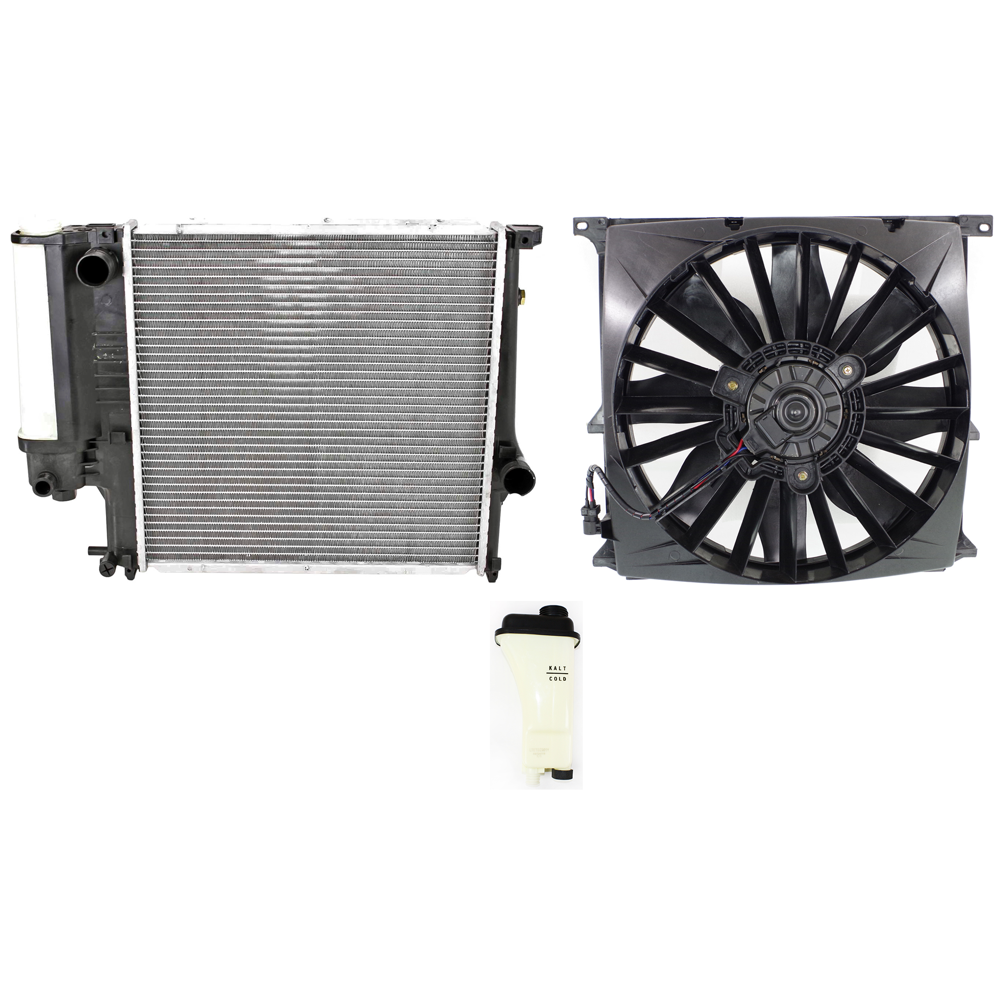 AM BMW 318I 96-98-318IS 96-97 RADIATOR AND FAN KIT 3 pc kit 4 Cyl 1.9L with Coolant Tank SKU KIT 120622-14 Partslink BM3010102 BM3014103 BM3113101 OEM 17111728907-17111723520-645083