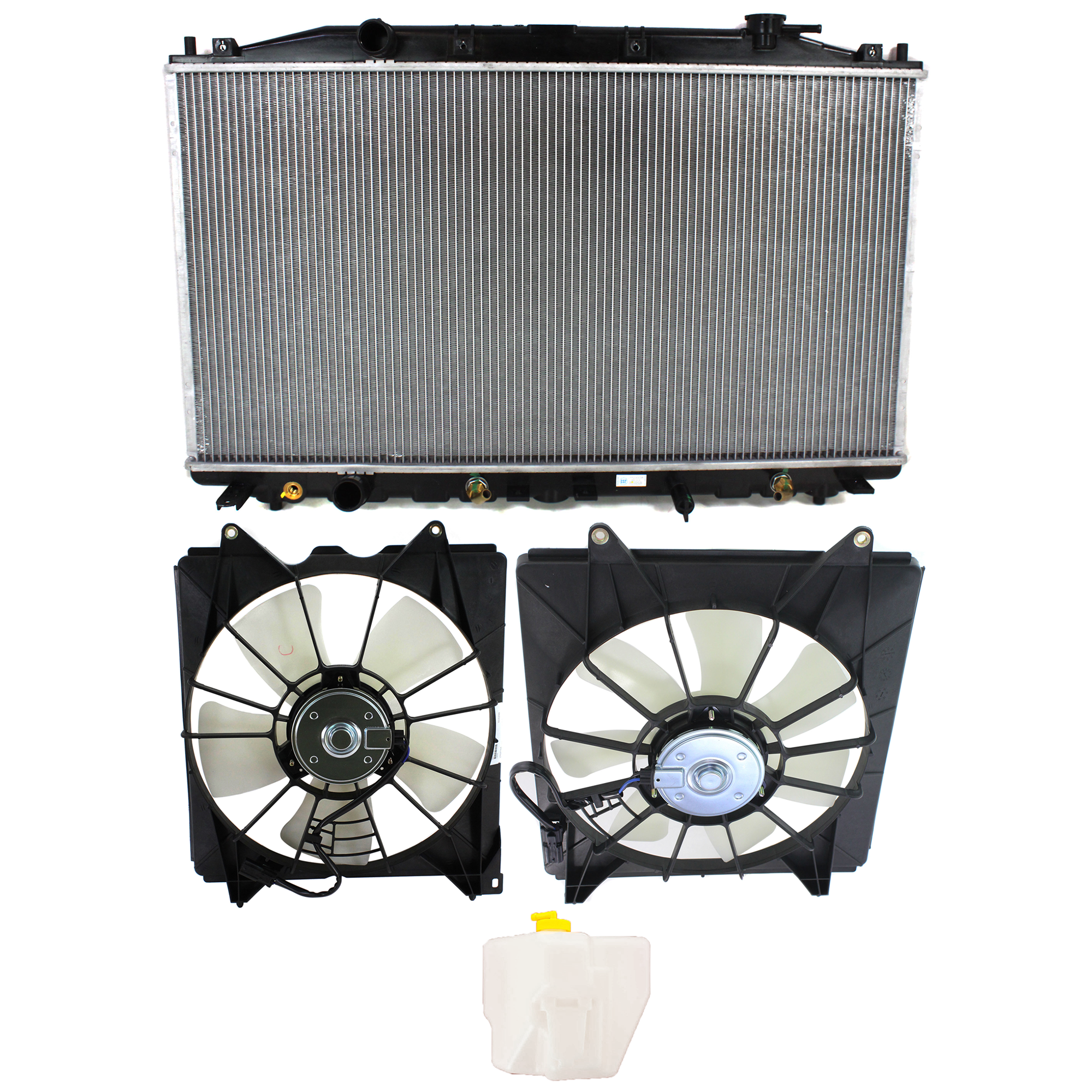 AM ACCORD 08-12 COOLING FAN ASSEMBLY 4 pc kit 4 Cyl 2.4L with Right and Left side fans and Coolant Tank SKU KIT 120622-20 Partslink HO3115142 HO3113123 HO3014116 HO3010231 OEM 19030R40A01 PFM 38616R40A01 PF