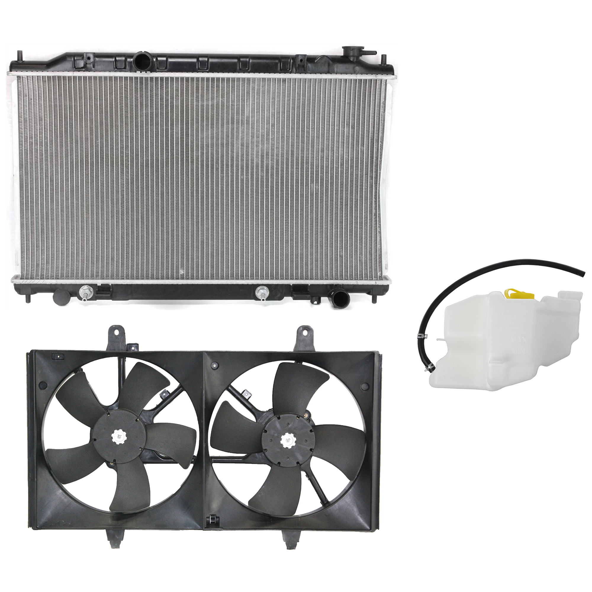 AM ALTIMA 02-06 MAXIMA 04-06 RADIATOR AND FAN KIT 3 pc kit 6 Cyl 3.5L with Coolant Tank SKU KIT 120622-38 Partslink NI3115116 NI3014105 NI3010190 OEM 214818J110-217108J000-217105Z0