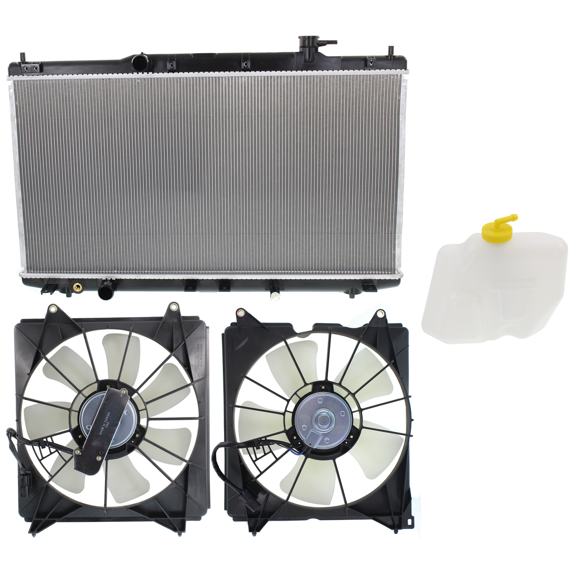 AM ACCORD 13-17 COOLING FAN ASSEMBLY 4 pc kit 6 Cyl 3.5L with Right and Left side fans and Coolant Tank SKU KIT 120622-40 Partslink HO3115162 HO3113133 HO3014133 HO3010234 OEM 190155A2A01 PFM 386155G0A01 PF
