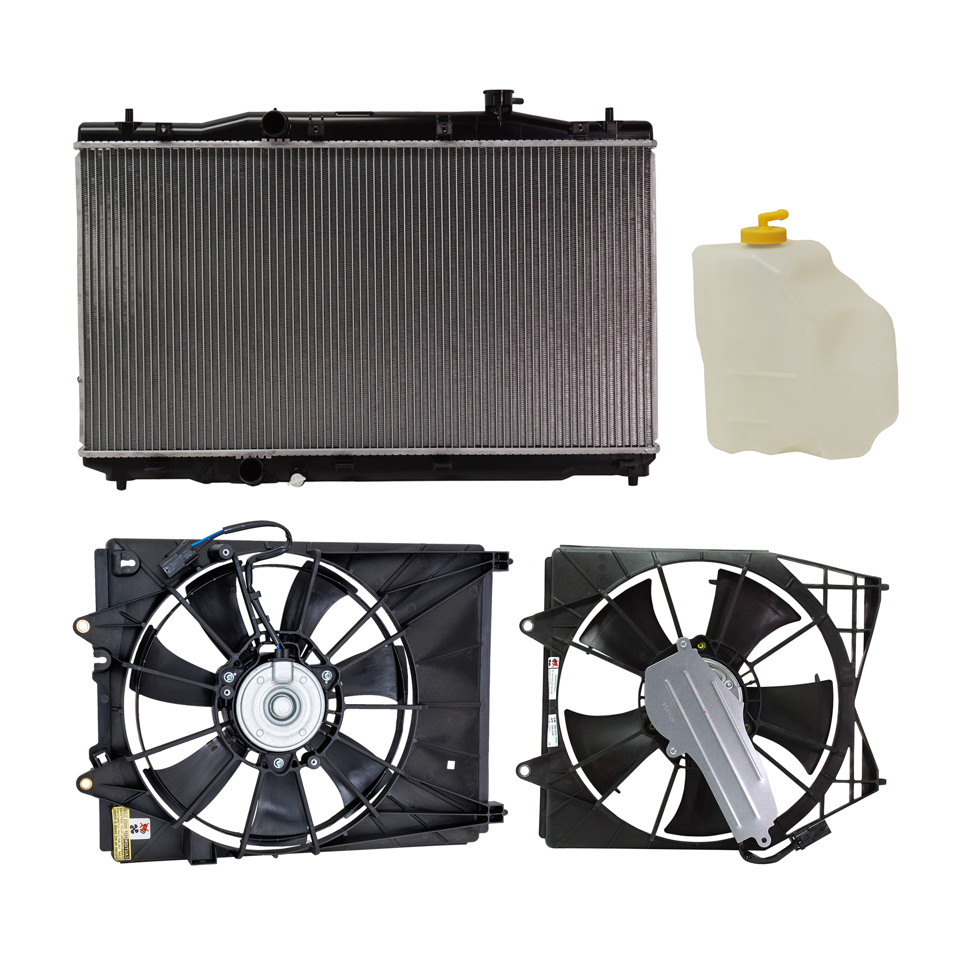 AM ACCORD 18-22 RADIATOR 4 pc Kit with Coolant Reservoir and Cooling Fan Assemblies SKU KIT 120622-44 Partslink HO3010245 HO3014139 HO3113144 HO3115172 OEM 190106B2A01-190106A0A01-190156