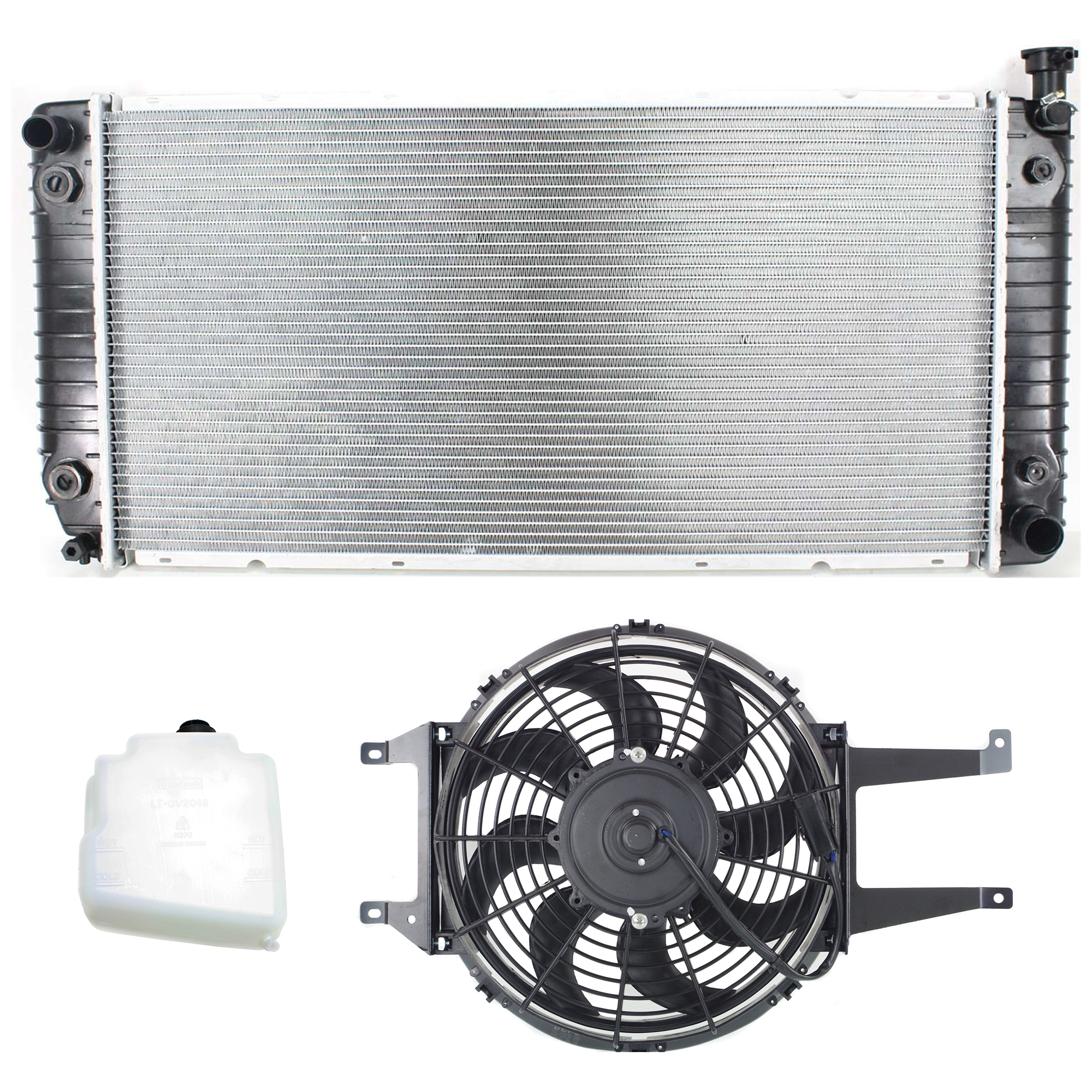 AM C K FULL SIZE P U 94-00 RADIATOR AND FAN KIT 3 pc kit 8 Cyl 5.7L 5.0L w Coolant Tank SKU KIT 120622-46 Partslink GM3010240 GM3014136 GM3113114 OEM 52481442-15650373-15717423