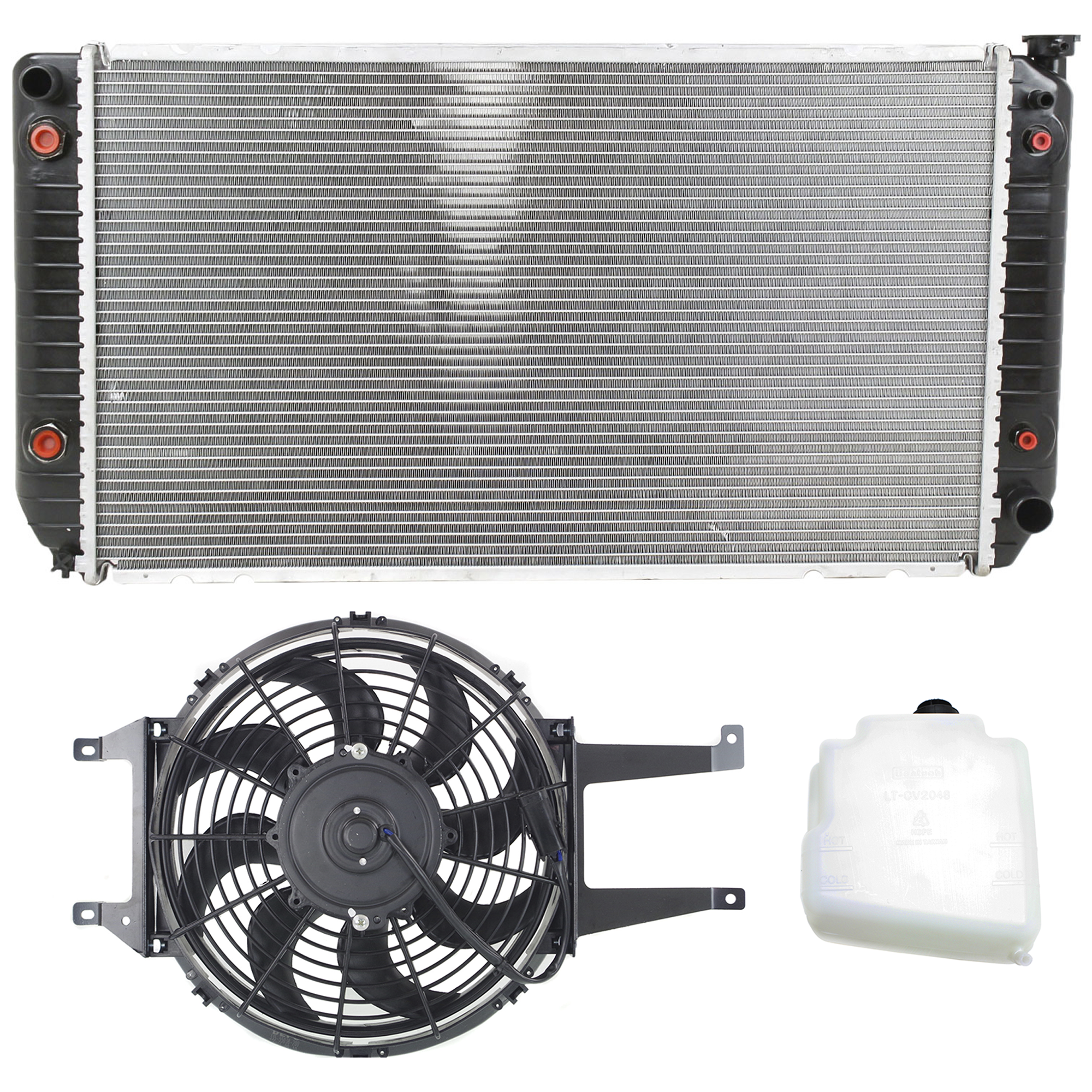 AM C K FULL SIZE P U 94-00 RADIATOR AND FAN KIT 3 pc kit 8 Cyl 7.4L w Coolant Tank SKU KIT 120622-47 Partslink GM3010242 GM3014136 GM3113114 OEM 524-916-211-565-037-000-000-000