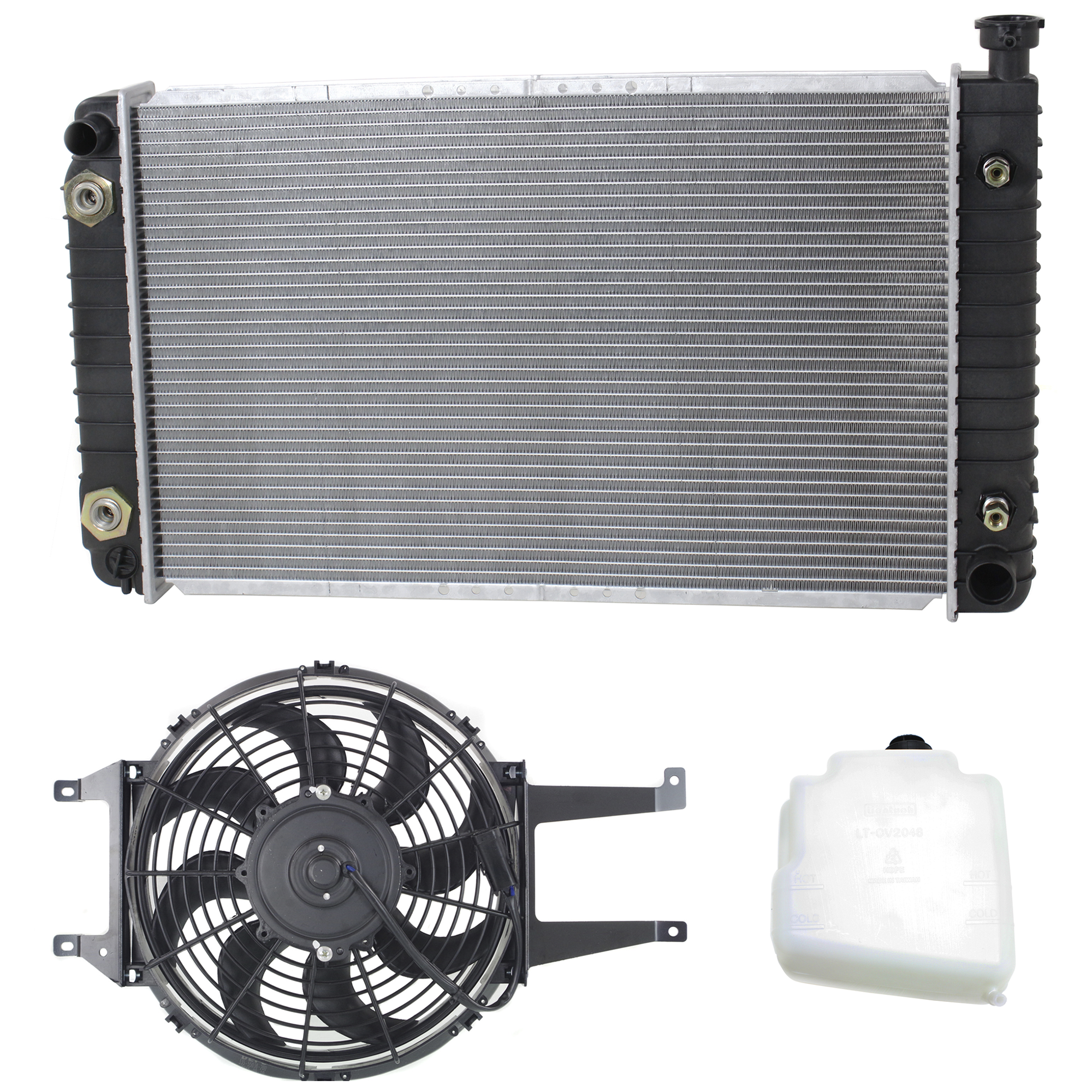 AM C K FULL SIZE P U 96-98 RADIATOR AND FAN KIT 3 pc kit 6 Cyl 4.3L 8 Cyl 5.0L w Coolant Tank SKU KIT 120622-49 Partslink GM3113114 GM3014136 GM3010260 OEM 15717423-15650373-52469674