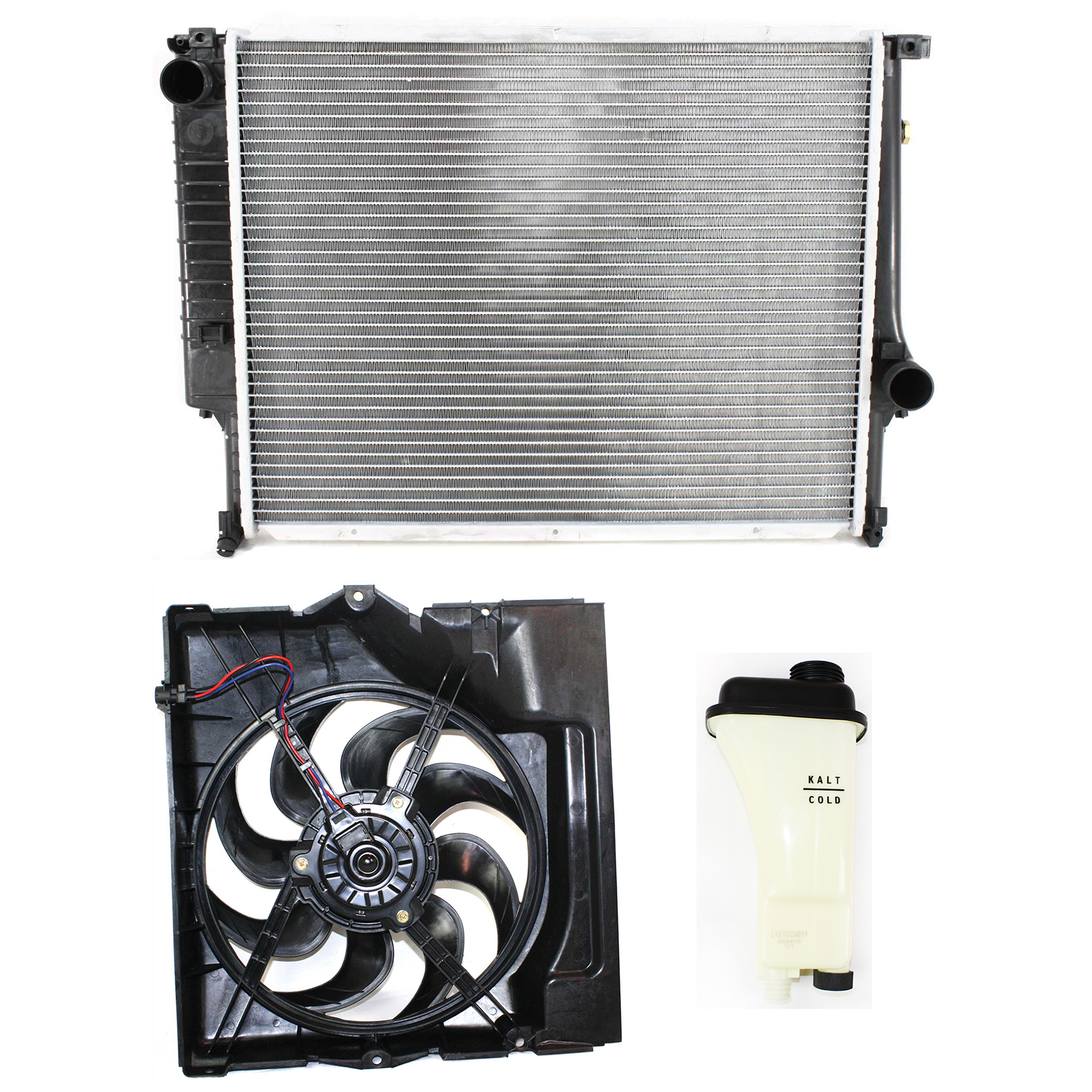 AM 3 SERIES 92-99 RADIATOR AND FAN KIT 3 pc kit 6 Cyl 2.0L 2.5L 2.8L with Coolant Tank SKU KIT 120622-50 Partslink BM3113106 BM3014103 BM3010105 OEM 64508364093-17111723520-171114