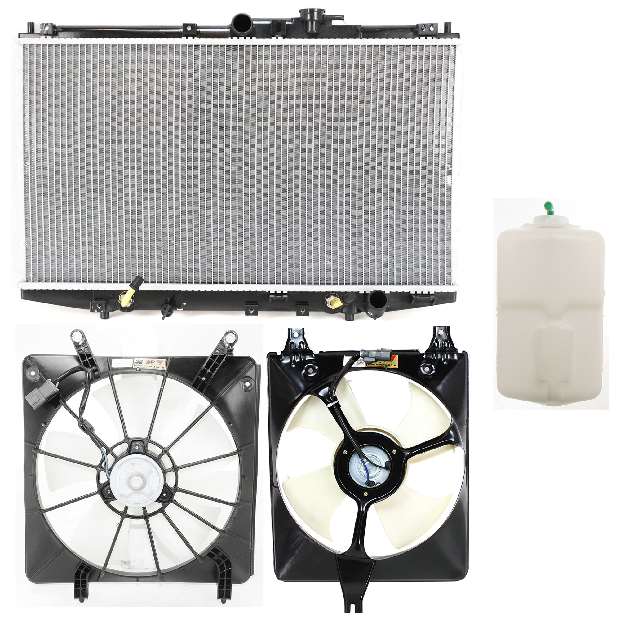 AM ACCORD 98-02 RADIATOR 4 pc kit Aluminum Core 4 Cyl. 2.3L Engine 1 Row Core Denso Type w Cooling Fan Assembly and Coolant Reservoir SKU KIT 120622-60 Partslink HO3010103 HO3014104 HO3113106 HO3115103 OEM 19010PAAA53-19015PAAA01 PFM 19