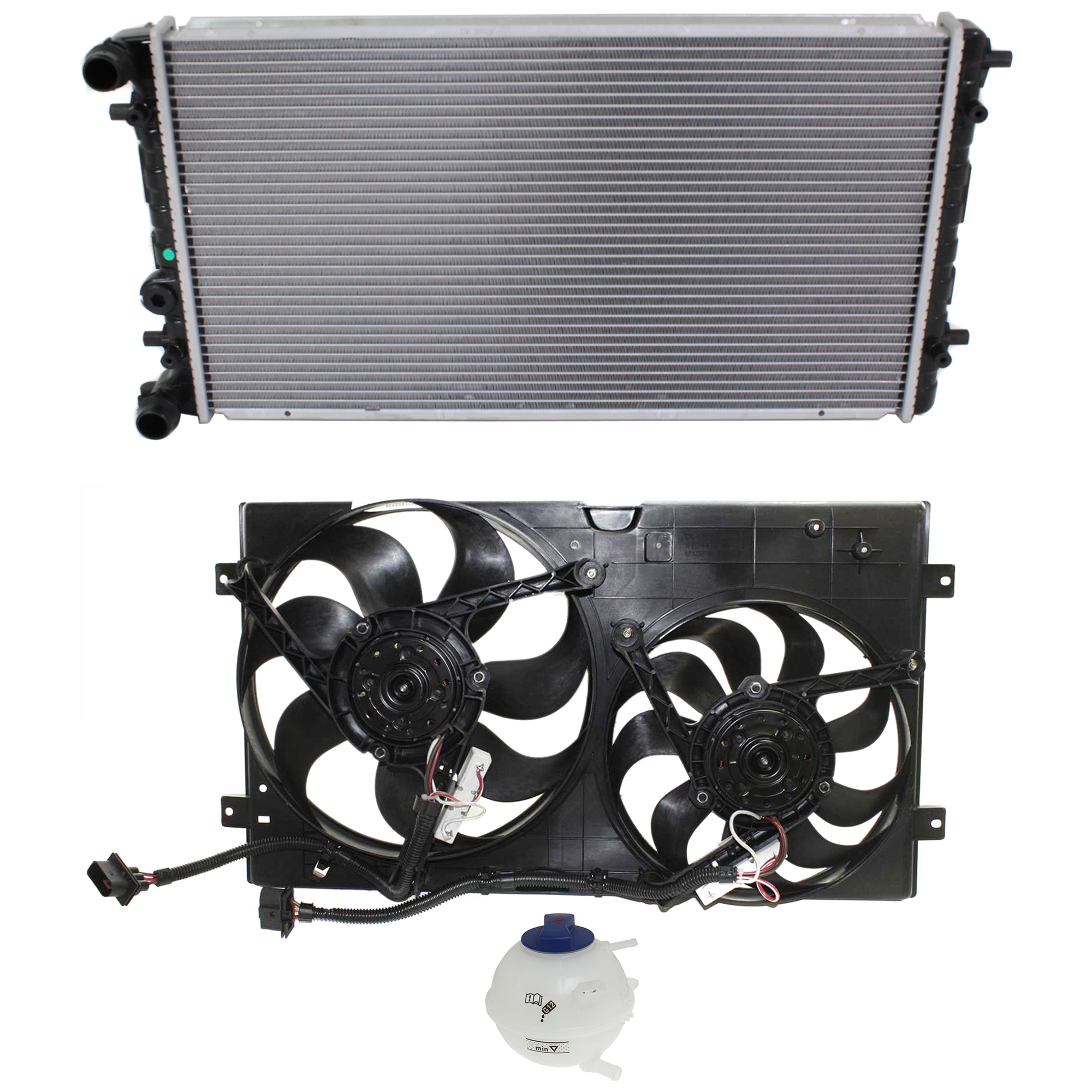 AM BEETLE 98-06 RADIATOR 3 pc kit 4 Cyl 1.8L 1.9L 2.0L with Cooling Fan Assembly and Coolant Reservoir SKU KIT 120622-62 Partslink VW3115101 VW3014107 VW3010113 OEM 1C0121253A 1J0121407F PFM 6X09