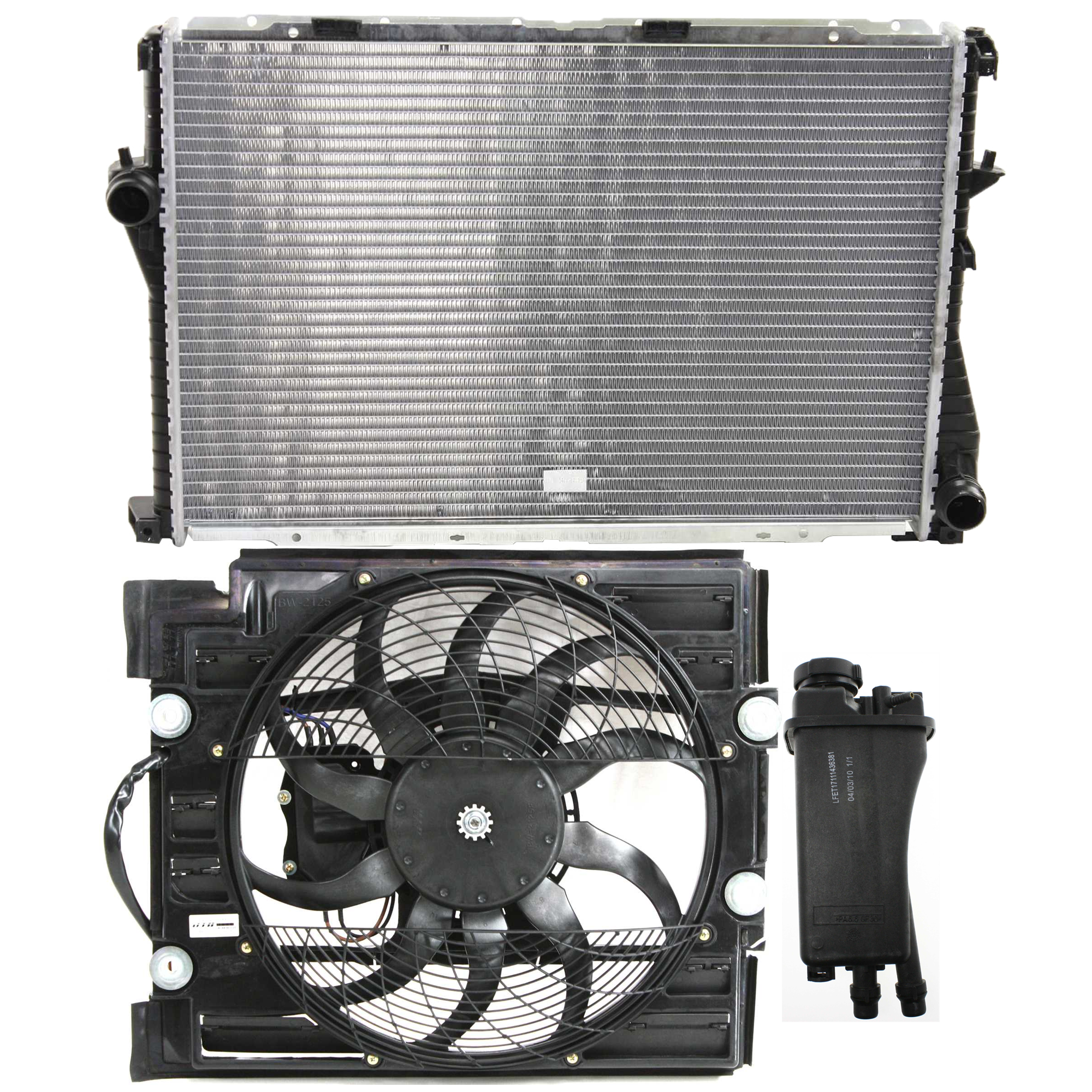 AM 5 SERIES 99-03 RADIATOR AND FAN KIT 3 pc kit 6 Cyl 2.5L 2.8L 3.0L with Coolant Tank SKU KIT 120622-63 Partslink BM3113109 BM3014104 BM3010109 OEM 64546921395-17111436381-171114