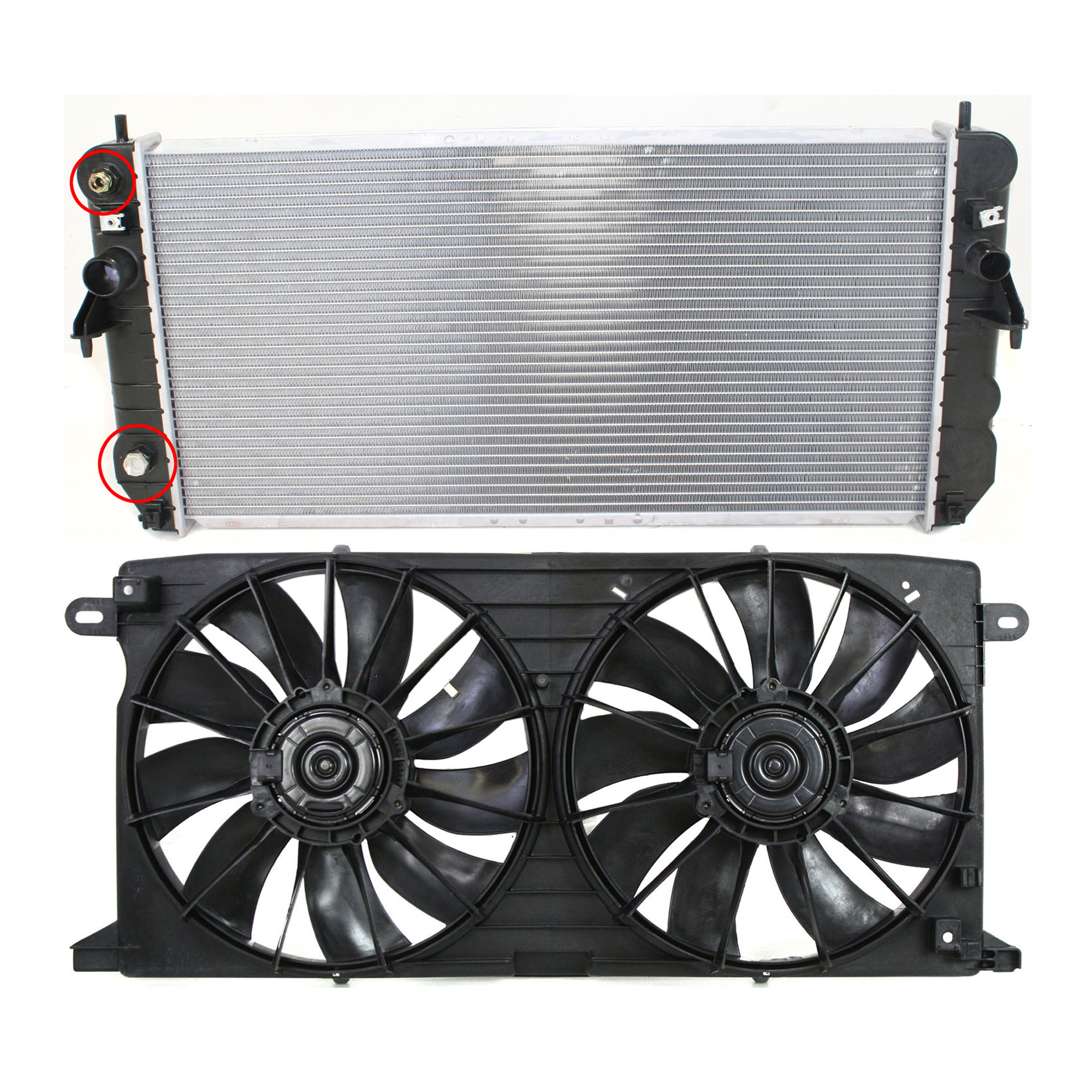 AM AURORA 01-03 DEVILLE 01-05 RADIATOR AND FAN KIT 2 pc kit 8 Cyl SKU KIT 120622-74 Partslink GM3010204 GM3115186 OEM 89018715-12494766