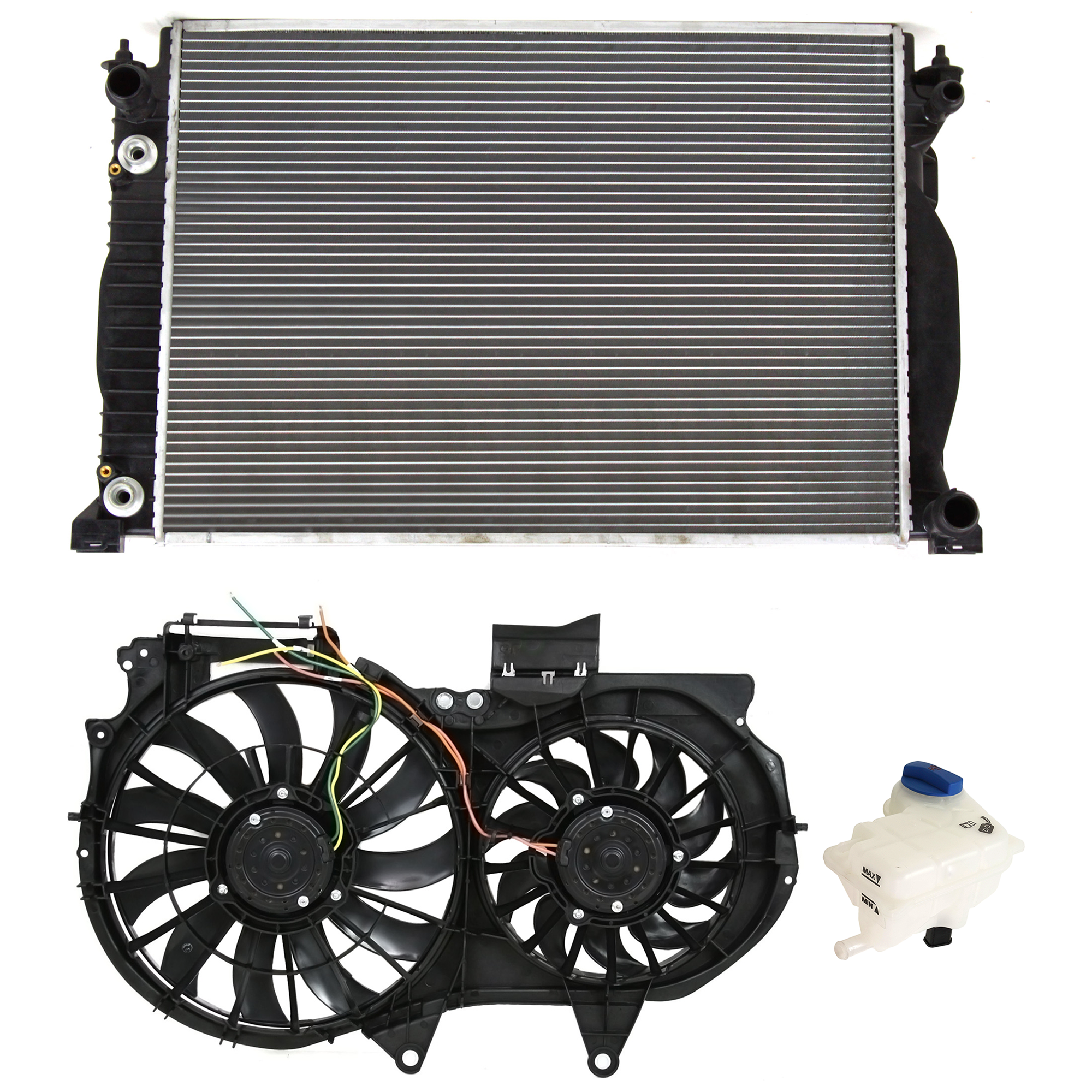 AM A4 A4 QUATTRO 02-08 RADIATOR AND FAN KIT 3 pc kit 4 Cyl 1.8L 2.0L with Right and Left side fans and Coolant Tank SKU KIT 120622-75 Partslink AU3115107 AU3014101 AU3010128 OEM 8E0121207F 8E0121403-8E0121251