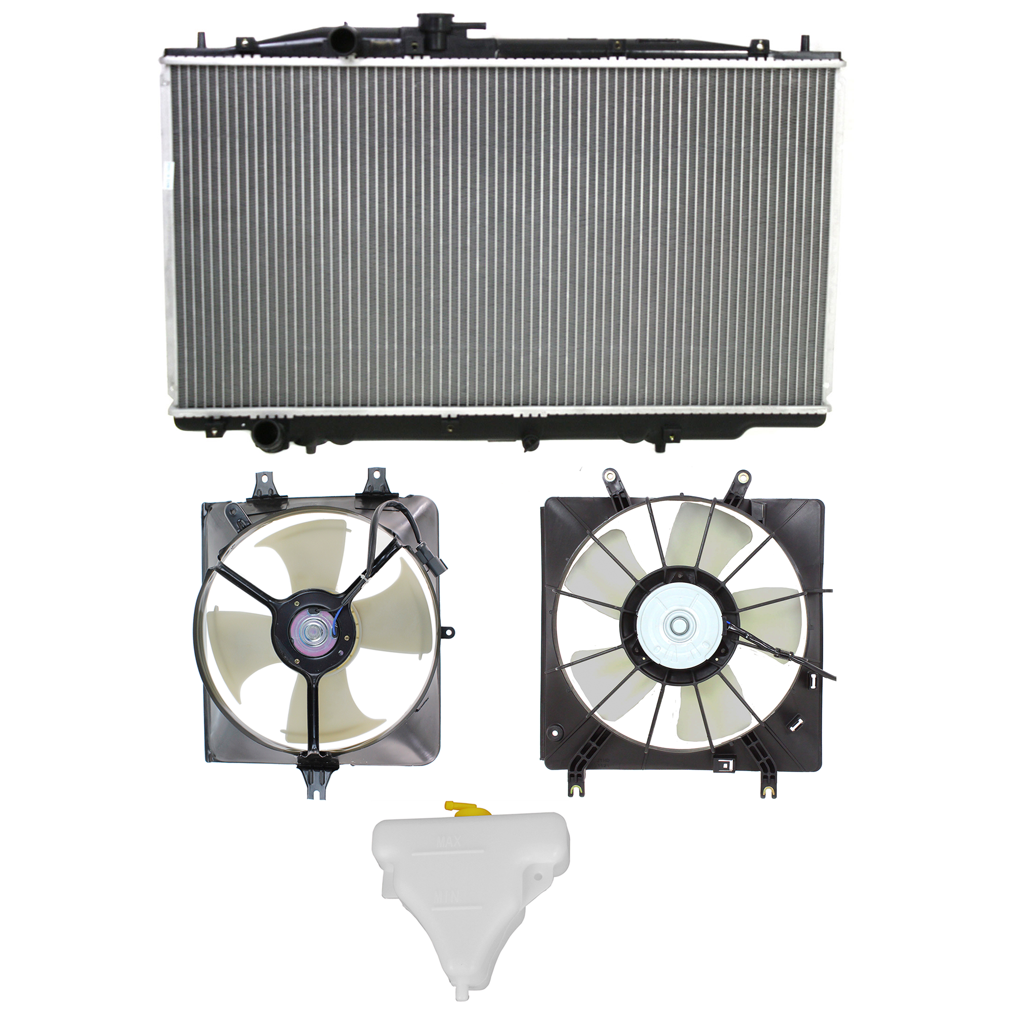 AM ACCORD 03-07 COOLING FAN ASSEMBLY 4 pc kit with Radiator Right Left Fans and Coolant Reservoir SKU KIT 120622-76 Partslink HO3115124 HO3115125 HO3014118 HO3010191 OEM 19015RCAA01-38615RCAA00-19101R