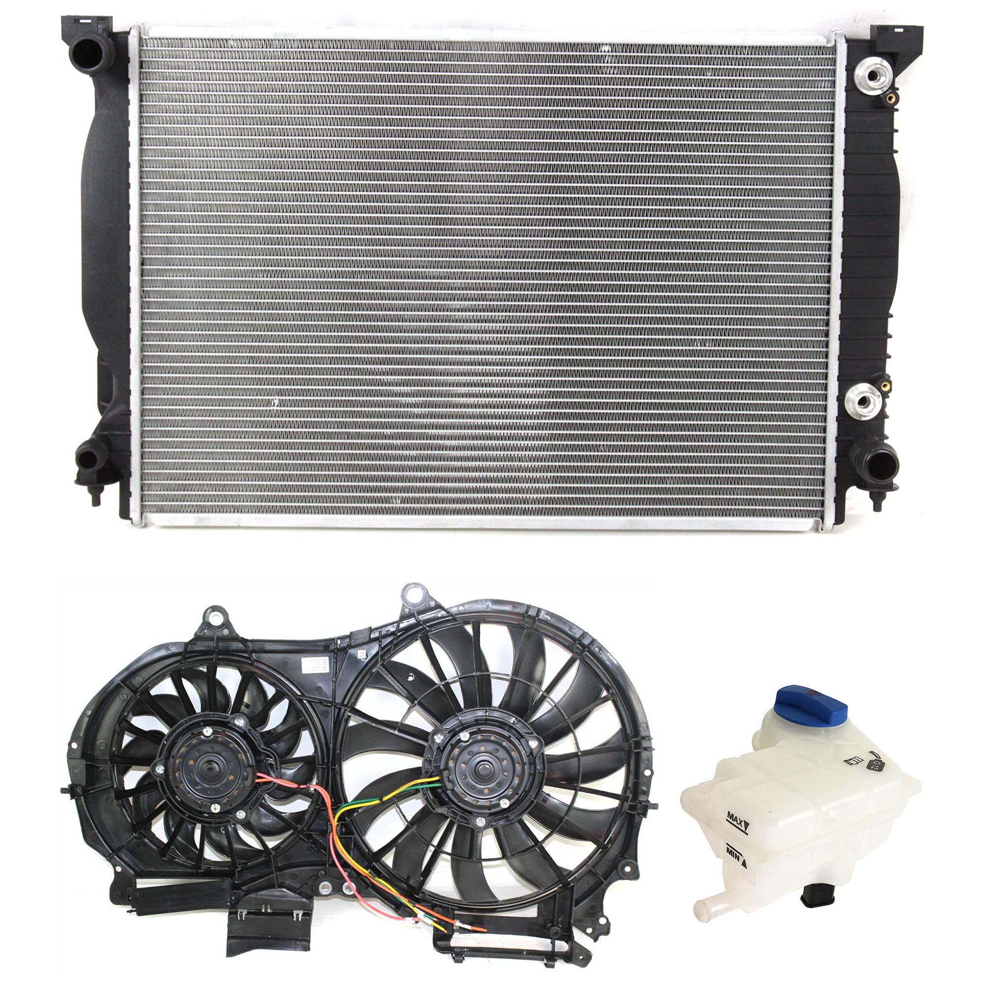 AM A4 QUATTRO 06-08 RADIATOR AND FAN KIT 3 pc kit 6 Cyl 3.2L with Coolant Tank SKU KIT 120622-80 Partslink AU3115108 AU3014101 AU3010130 OEM 8E0121207J 8E0121403-8E0121251
