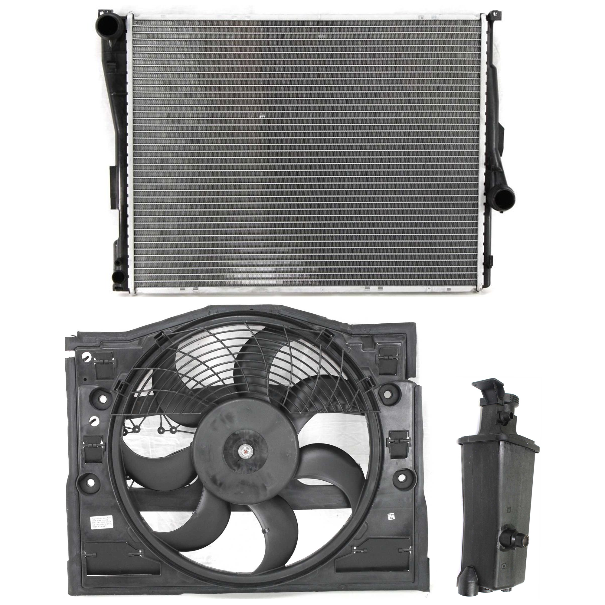 AM 3 SERIES 99-06 RADIATOR AND FAN KIT 3 pc kit 6 Cyl 2.5L 2.8L 3.0L with Coolant Tank SKU KIT 120622-85 Partslink BM3010107 BM3014102 BM3020100 OEM 17119071519-17117573781-645469