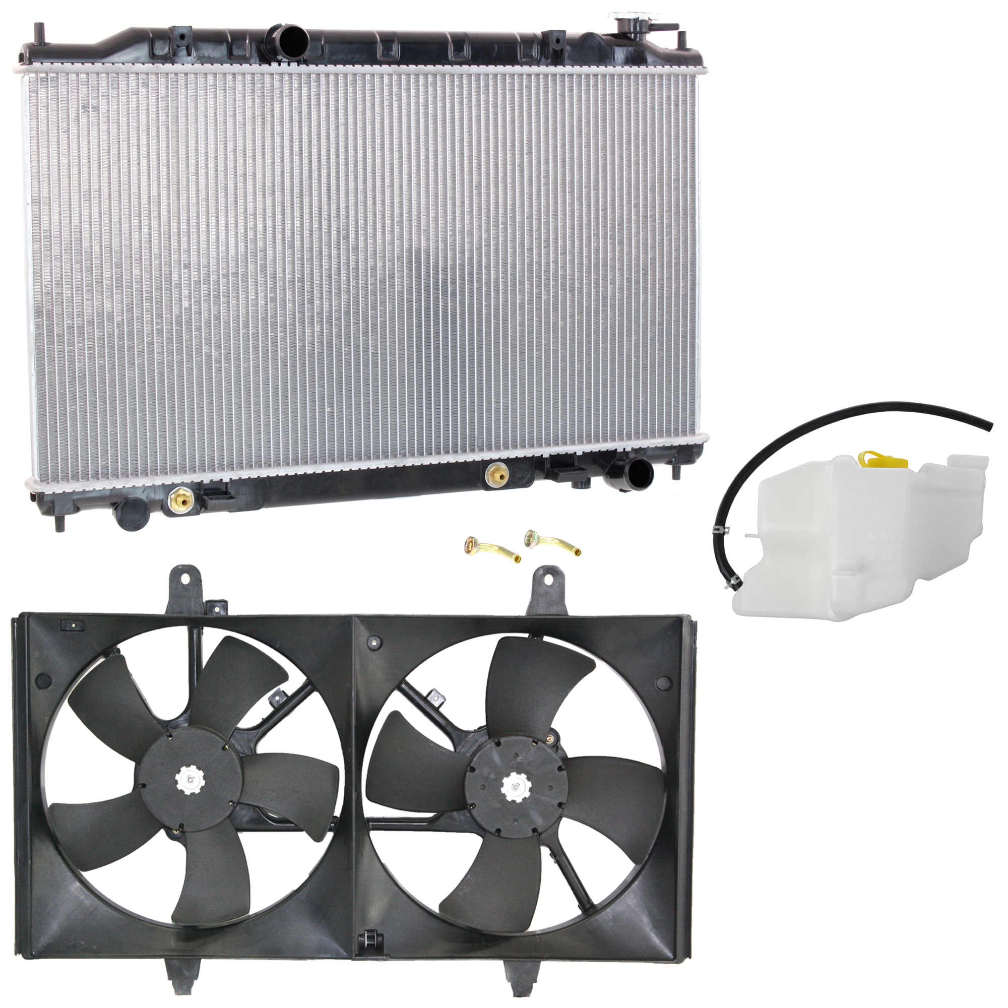 AM MAXIMA 04-06 RADIATOR AND FAN KIT 3 pc kit 6 Cyl 3.5L with Coolant Tank SKU KIT 120622-90 Partslink NI3010194 NI3010203 NI3010195 NI3014105 NI3115116 OEM 214608Y100-217108J000-217105Z0