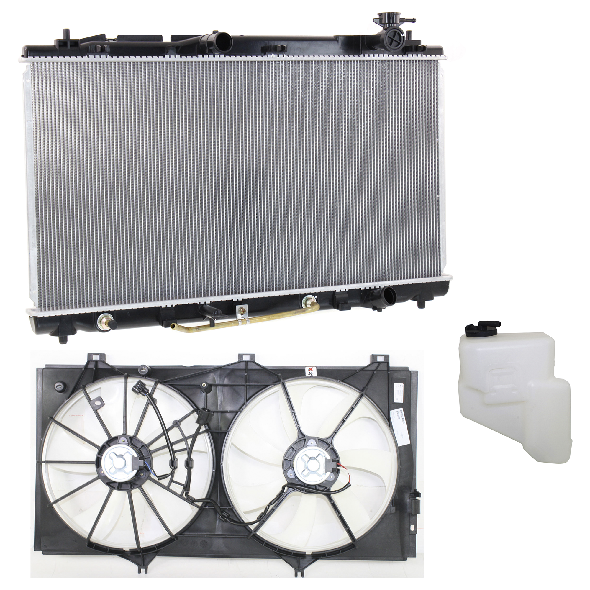 AM CAMRY 07-11 RADIATOR AND FAN KIT 3 pc kit 6 Cyl 3.5L with Coolant Tank SKU KIT 120622-93 Partslink TO3117101 TO3014120 TO3010300 OEM 16711AD010 PFM 164700P020-1640