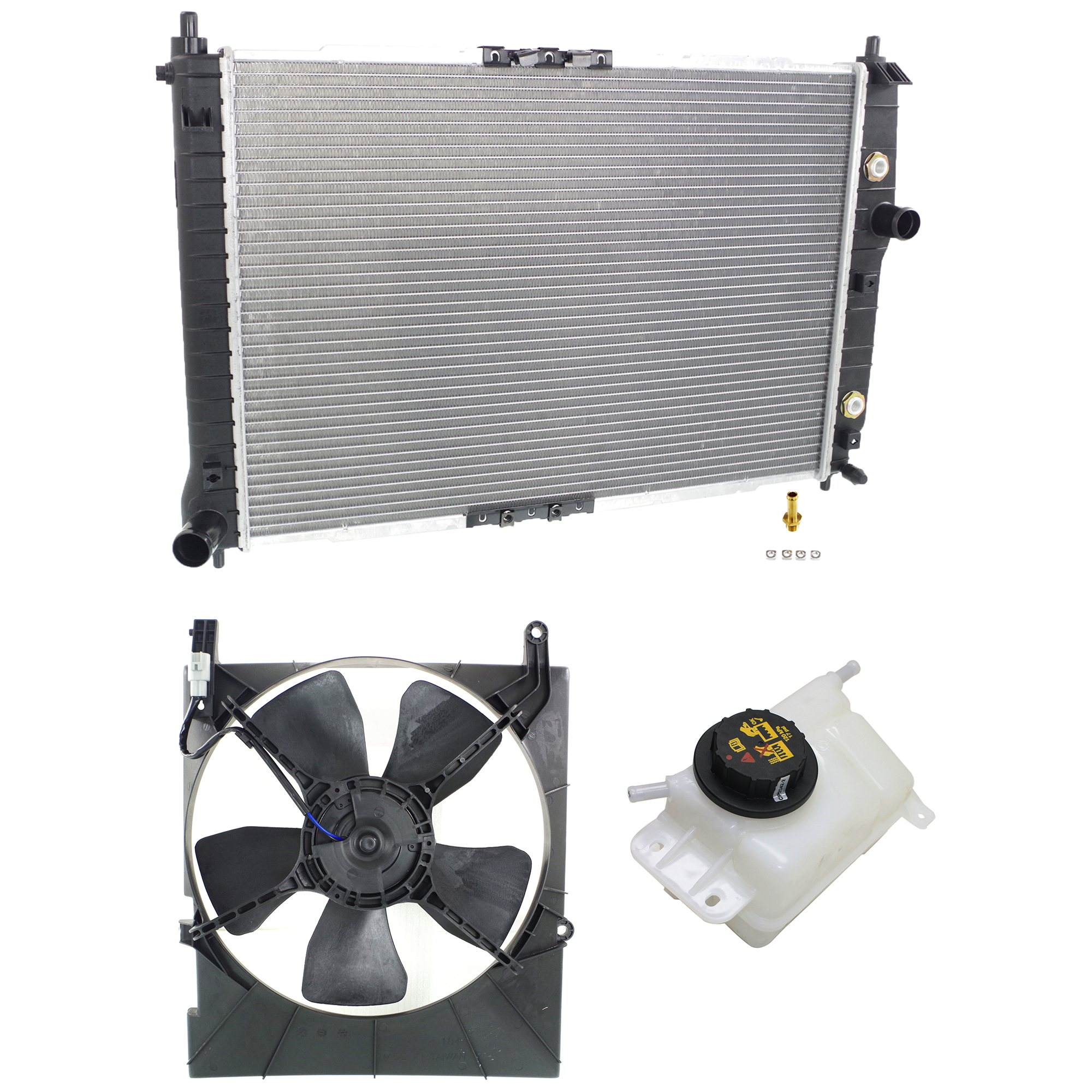 AM AVEO 05-08 AVEO5-06-08 RADIATOR AND FAN KIT 3 pc kit 4 Cyl 1.6L with Coolant Tank SKU KIT 120622-99 Partslink GM3010447 GM3014131 GM3117106 OEM 42438331-96817343 PFM 96536666