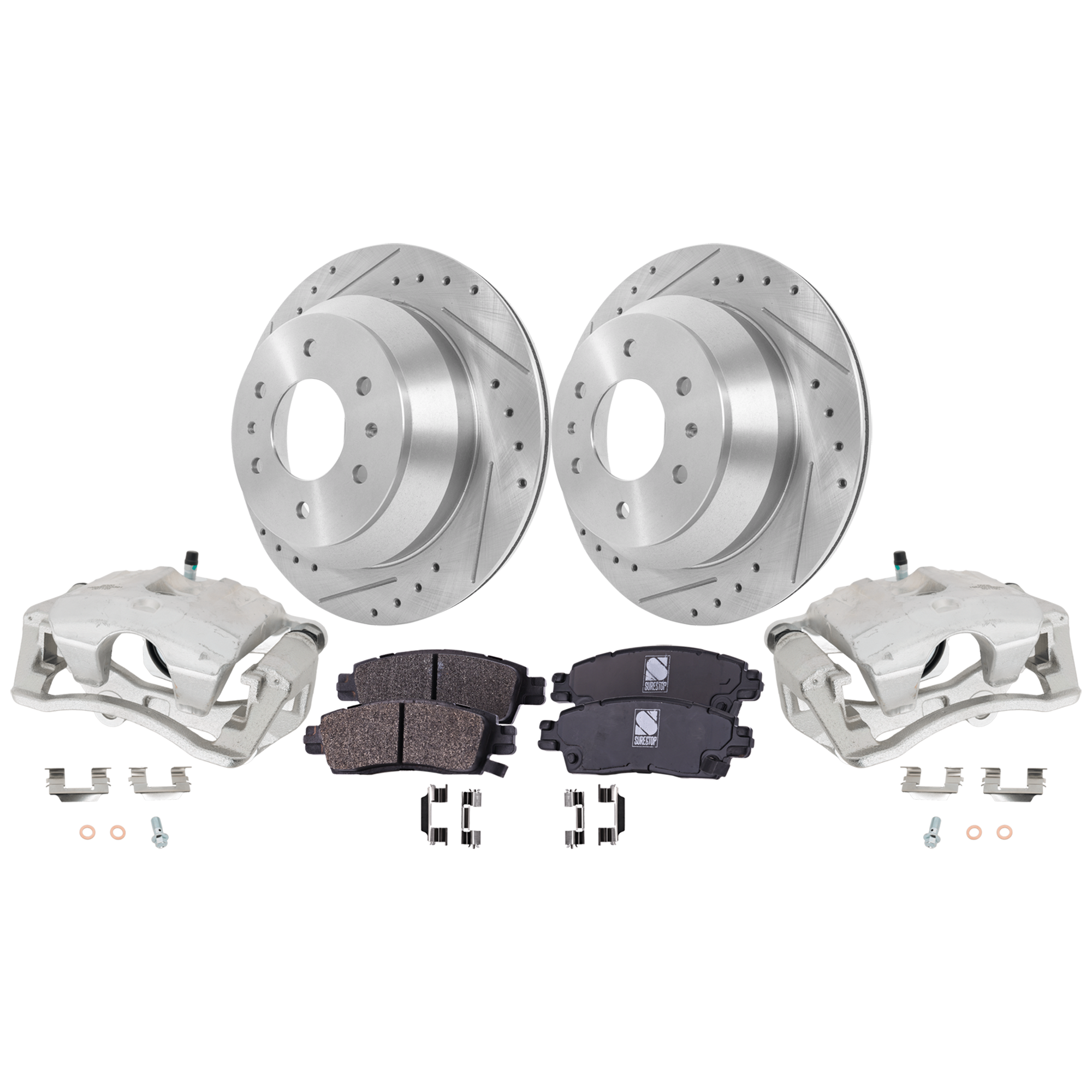AM RAINIER 04-07 TRAILBLAZER 02-09 REAR BRAKE KIT WITH CALIPERS 2 Wheel Set Includes 2 Brake Caliper 2 Brake Disc and 1 Brake Pad Set Cross drilled and Slotted 6 Lugs Semi Metallic SKU KIT 120624-02 OEM 19958-55073-101758-145314-1058