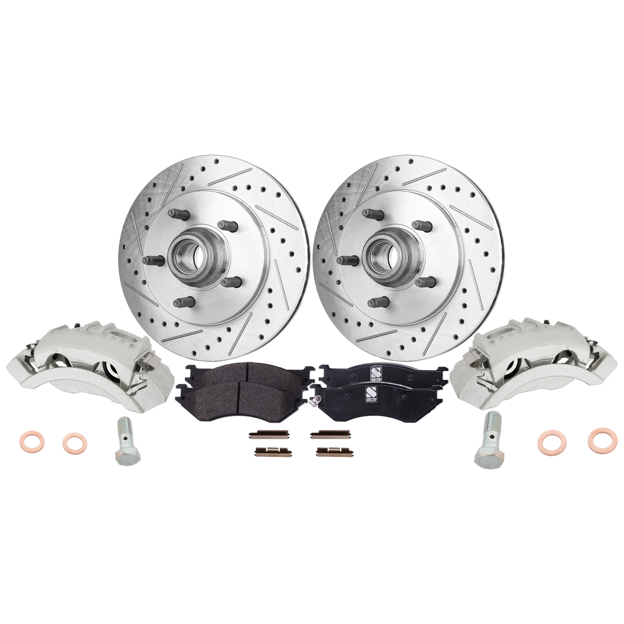 AM EXPEDITION 99-02 F 150-00-03 FRONT BRAKE KIT WITH CALIPERS 2 Wheel Set Includes 2 Brake Caliper 2 Brake Disc and 1 Brake Pad Set Cross drilled and Slotted 5 Lugs Semi Metallic SKU KIT 120624-07 OEM 19686-54091-66984-145303-49230