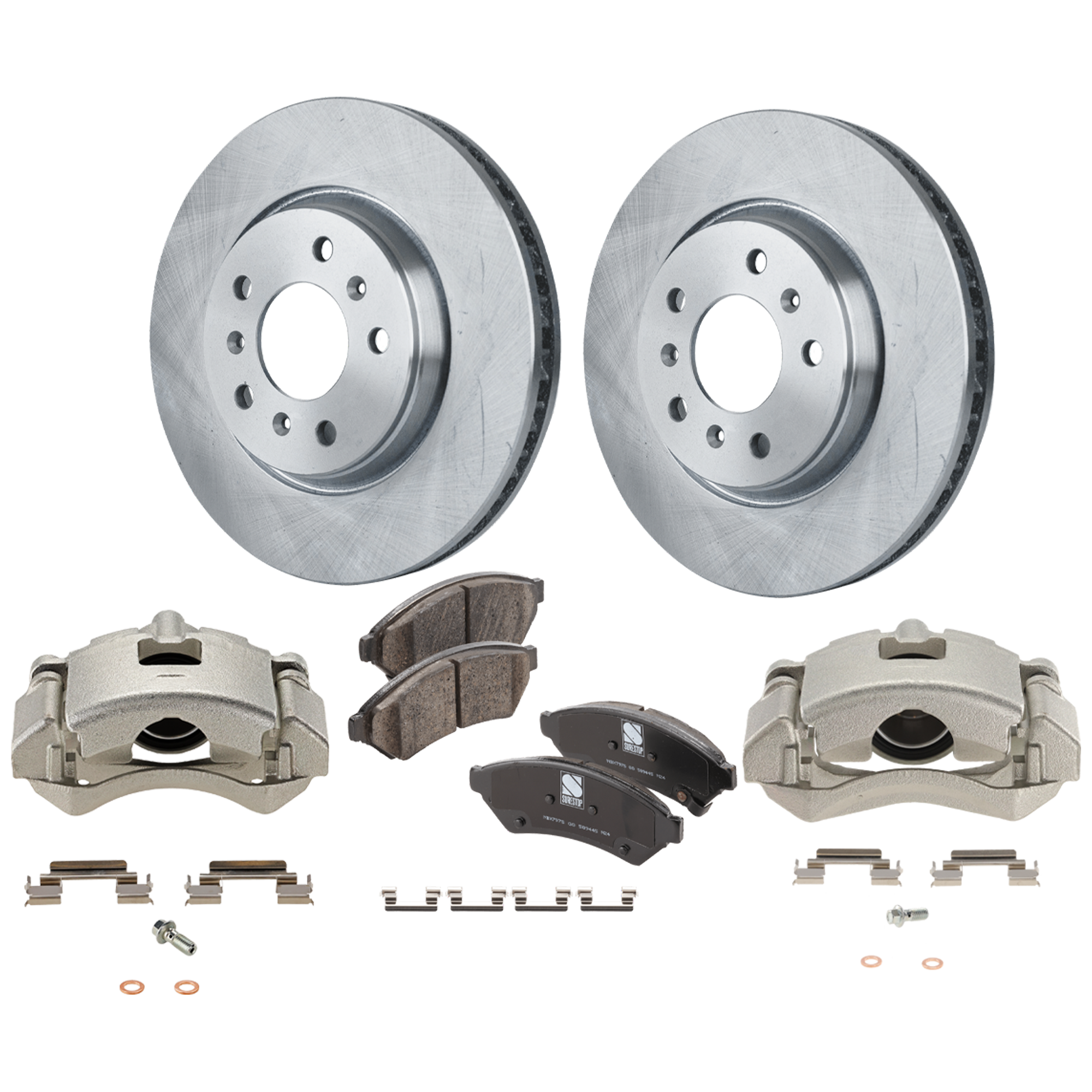 AM LACROSSE 05-09 TERRAZA 05-05 FRONT BRAKE KIT WITH CALIPERS 2 Wheel Set Includes 2 Brake Caliper 2 Brake Disc and 1 Brake Pad Set Plain Surface 5 Lugs Cast Iron Ceramic SKU KIT 120624-11 OEM 18048698-19121389-19137369-889