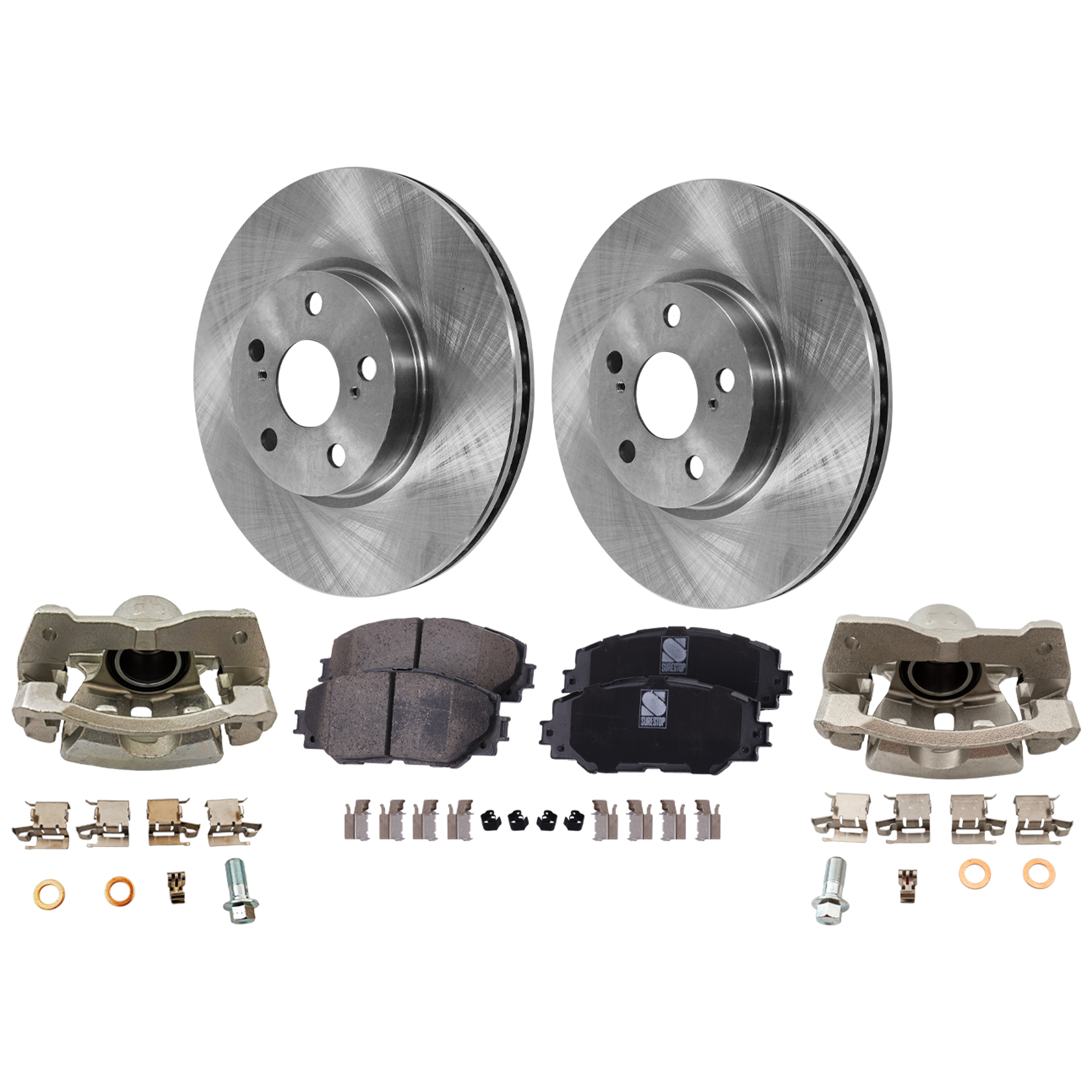 AM COROLLA 09-19 XD 08-14 FRONT BRAKE KIT WITH CALIPERS 2 Wheel Set Includes 2 Brake Caliper 2 Brake Disc and 1 Brake Pad Set Plain Surface 5 Lugs Cast Iron Ceramic SKU KIT 120624-15 OEM 4351202270-4351212710-43512022