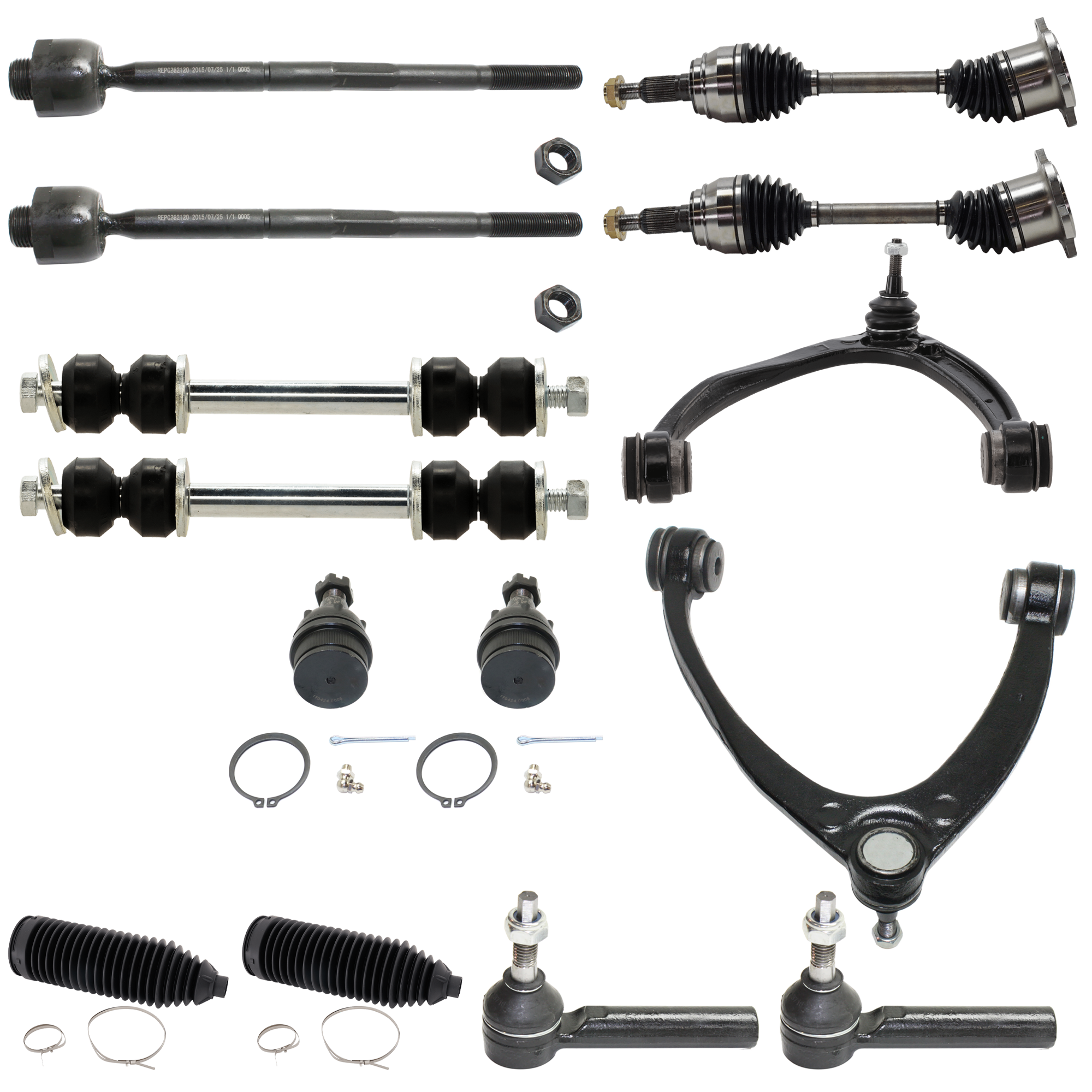 AM AVALANCHE 07-13 ESCALADE 07-14 SUSPENSION KIT RH AND LH 14 pc kit with Axle Assemblies Ball Joints Control Arms Steering Rack Boots Sway Bar Links and Tie Rod Ends SKU KIT 120722-01 OEM 104327-2601528-5051272-1247281