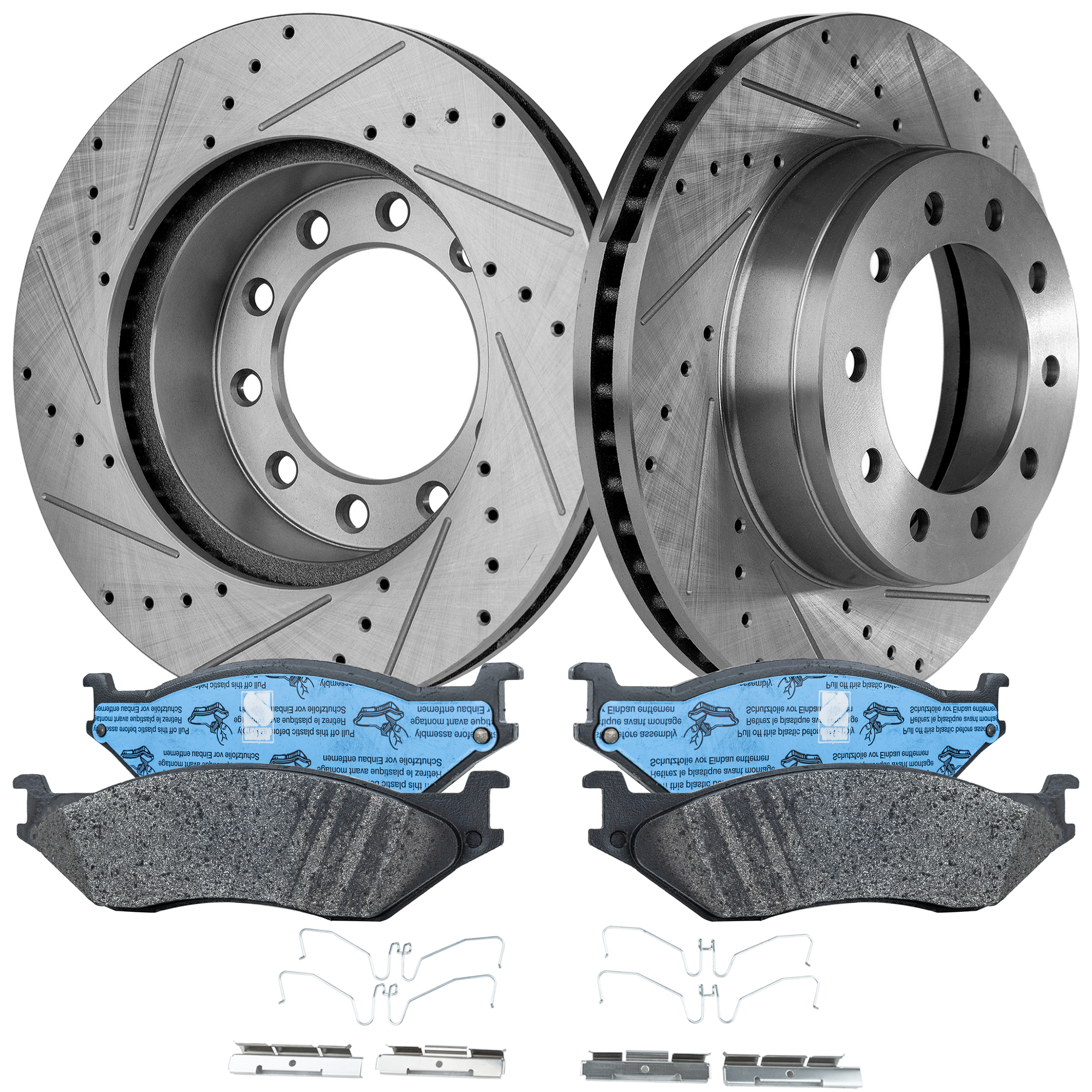 AM F 450 SUPER DUTY F 550 SUPER DUTY 05-16 FRONT BRAKE DISC AND PAD KIT 2 Wheel Set Cross drilled and Slotted SKU KIT 120722-04 OEM 54128-680305-60054197-54128G 6