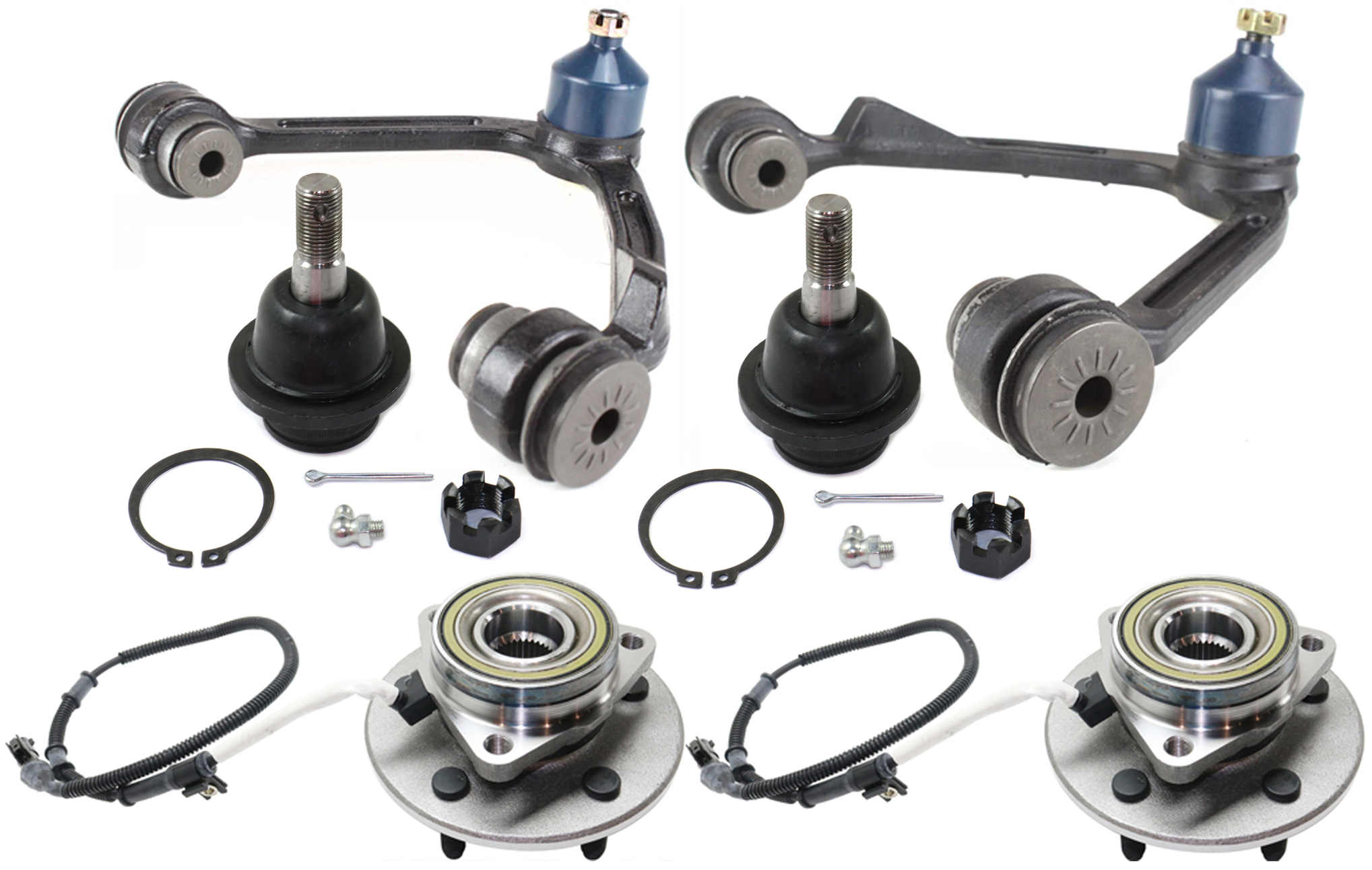 AM F 150-00-03 F 150 HERITAGE 04-04 FRONT SUSPENSION KIT RH AND LH 6 pc kit with Ball Joints Control Arms and Wheel Hubs SKU KIT 121015-07 OEM 104222-285019-1016769-2601460