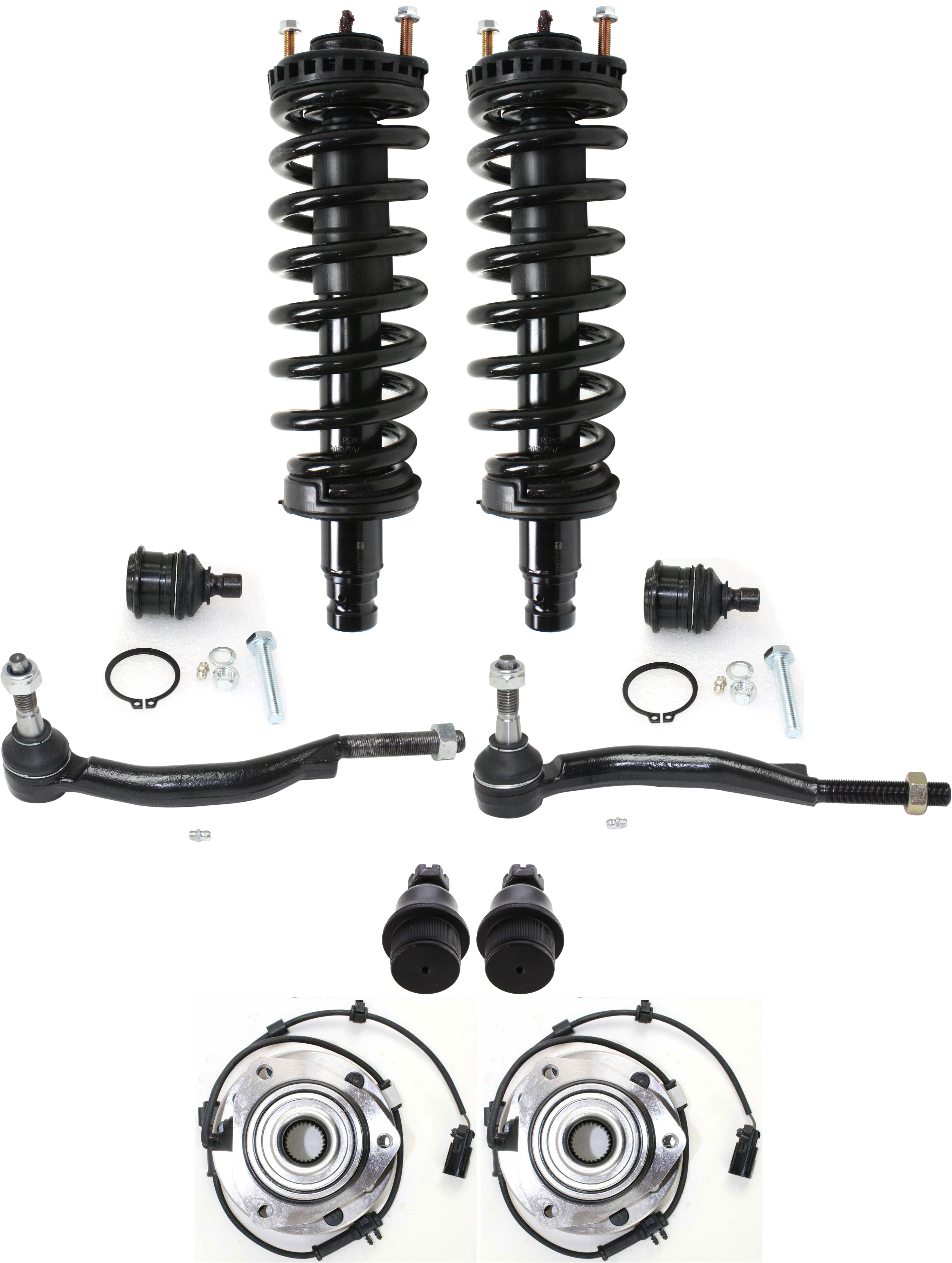 AM TRAILBLAZER ENVOY 02-09 FRONT SUSPENSION KIT RH AND LH 10 pc Kit with Ball Joints Loaded Struts Tie Rod Ends and Wheel Hubs SKU KIT 121015-08 OEM 104332-1017701-2601559-5001