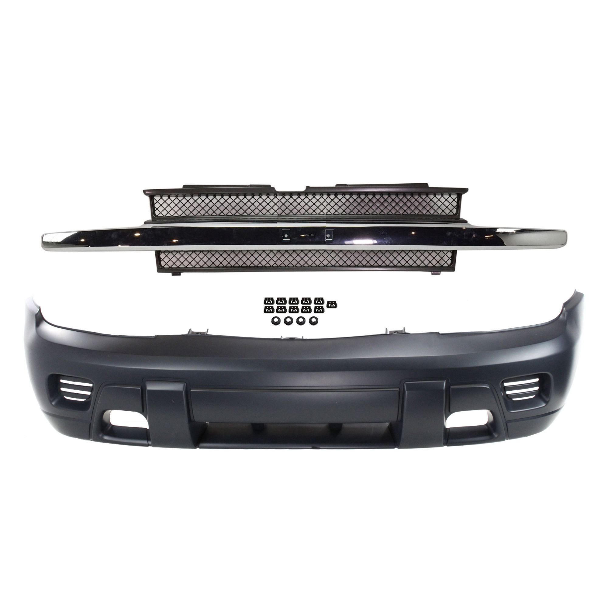 AM TRAILBLAZER 02-09 FRONT BUMPER COVER 2 pc Kit with Grille SKU KIT 121017-182 Partslink GM1000640 GM1200477 OEM 88937008-10358128