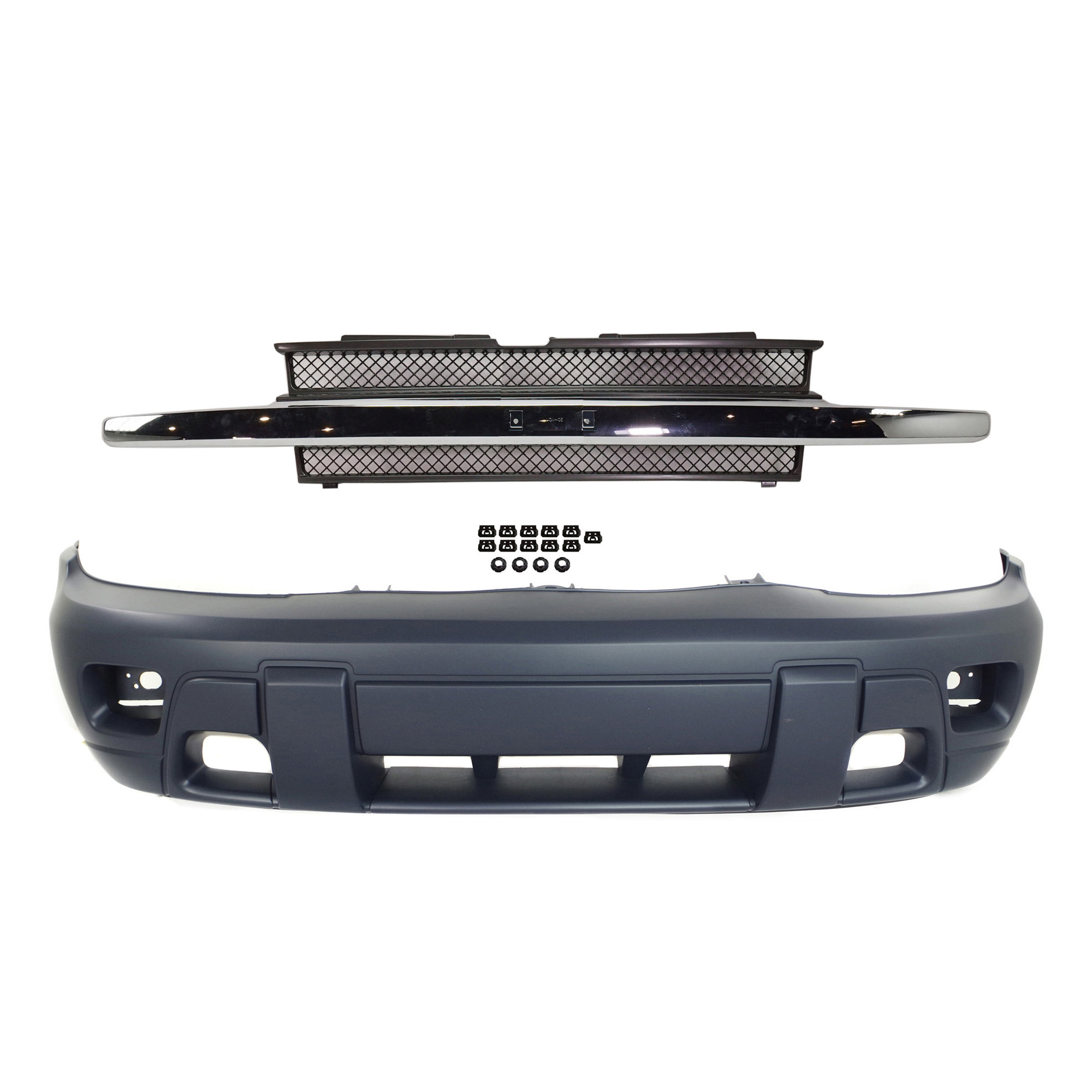 AM TRAILBLAZER 02-05 FRONT BUMPER COVER 2 pc Kit with Grille SKU KIT 121017-183 Partslink GM1000672 GM1200477 OEM 88943617-10358128