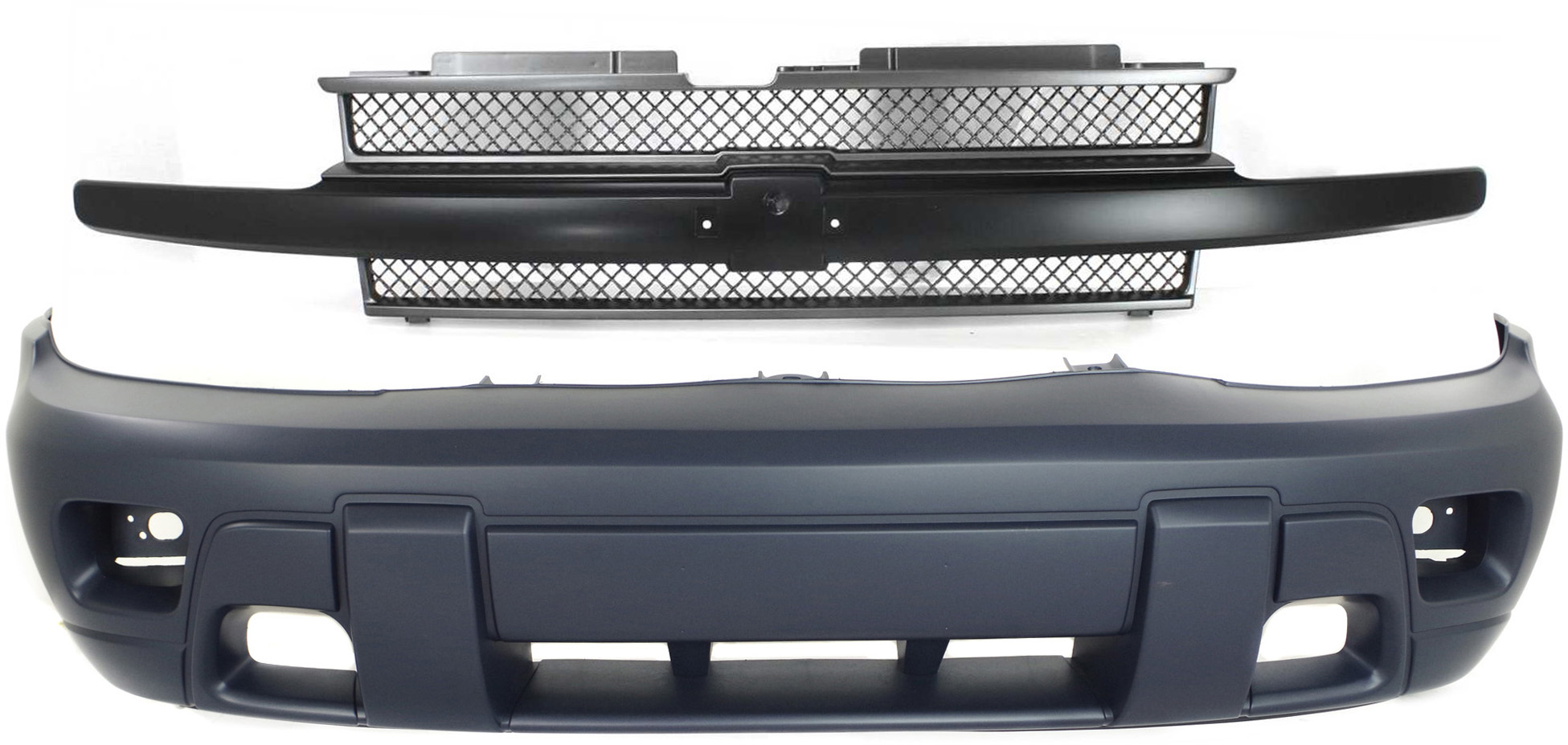 AM TRAILBLAZER 02-05 FRONT BUMPER COVER 2 pc Kit with Grille SKU KIT 121017-189 Partslink GM1000672 GM1200470 OEM 88943617-10358121