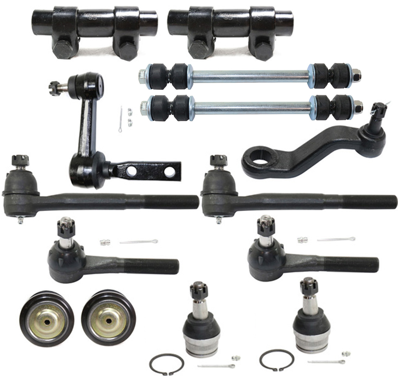 AM RAM 1500-94-99 FRONT SUSPENSION KIT RH AND LH 14 pc kit with Ball Joints Idler Arm Pitman Arm Sway Bar Links Tie Rod Adjusting Sleeves and Tie Rods SKU KIT 121217-09 OEM 104179-287004-2601429-50010