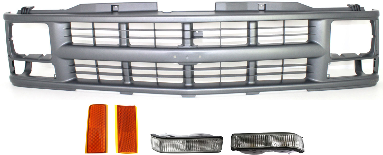 AM CHEVY C K SERIES 94-00 SUBURBAN 94-99 GRILLE 5 pc Kit with Turn Signal Lights and Reflectors For Models with Single Sealed Beam Headlamps SKU KIT 121218-06 Partslink GM1200358 GM2556101 GM2557101 GM2520104 GM2521104 OEM 15709236-5974341-5974342-59743