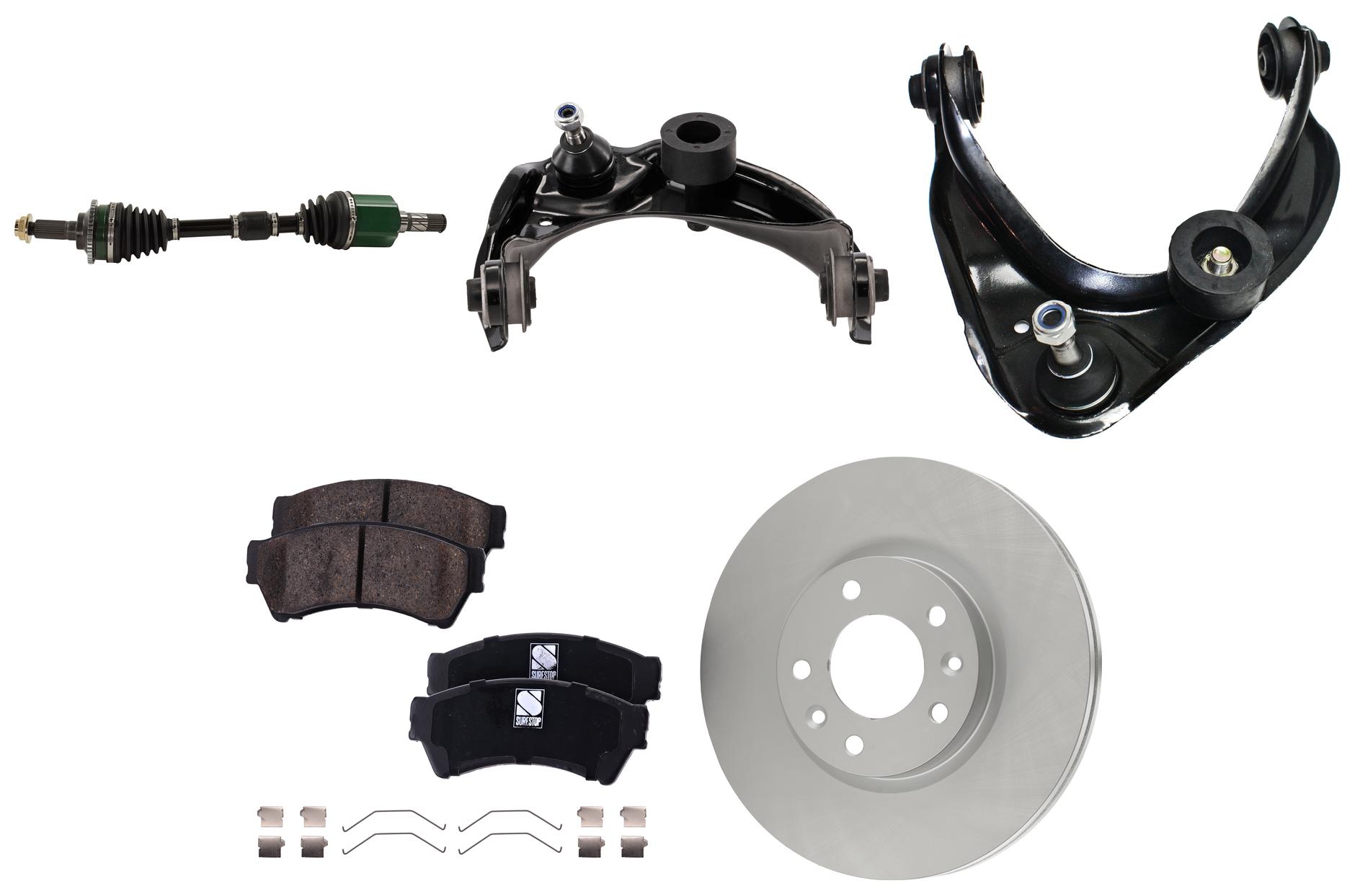 AM FUSION MILAN 06-09 MAZDA 6-08-08 FRONT CV AXLE ASSEMBLY RH AND LH 8 pc kit with Brake Discs Brake Pad Set and Control Arms SKU KIT 121325 AE13 OEM 6E5Z1125AA PFM 6E5Z2001B 6E5Z2