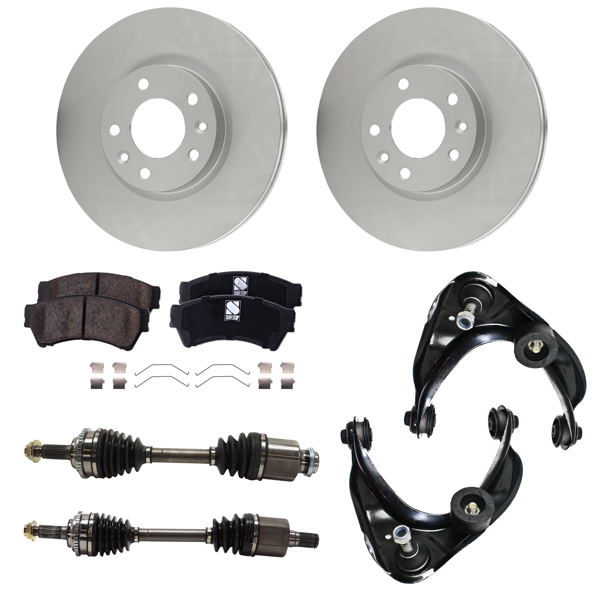 AM FUSION MILAN 06-09 FRONT CV AXLE ASSEMBLY RH AND LH 8 pc kit with Brake Discs Brake Pad Set and Control Arms SKU KIT 121325 AE285 OEM 6E5Z1125AA PFM 6E5Z2001B 6E5Z2